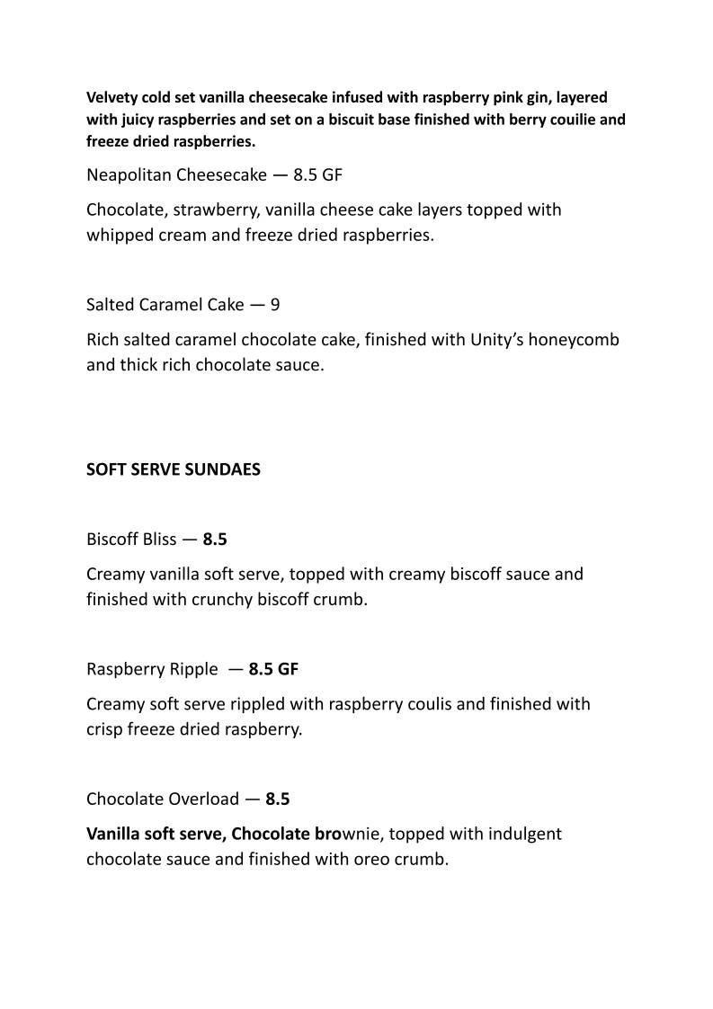 Unity Diner меню