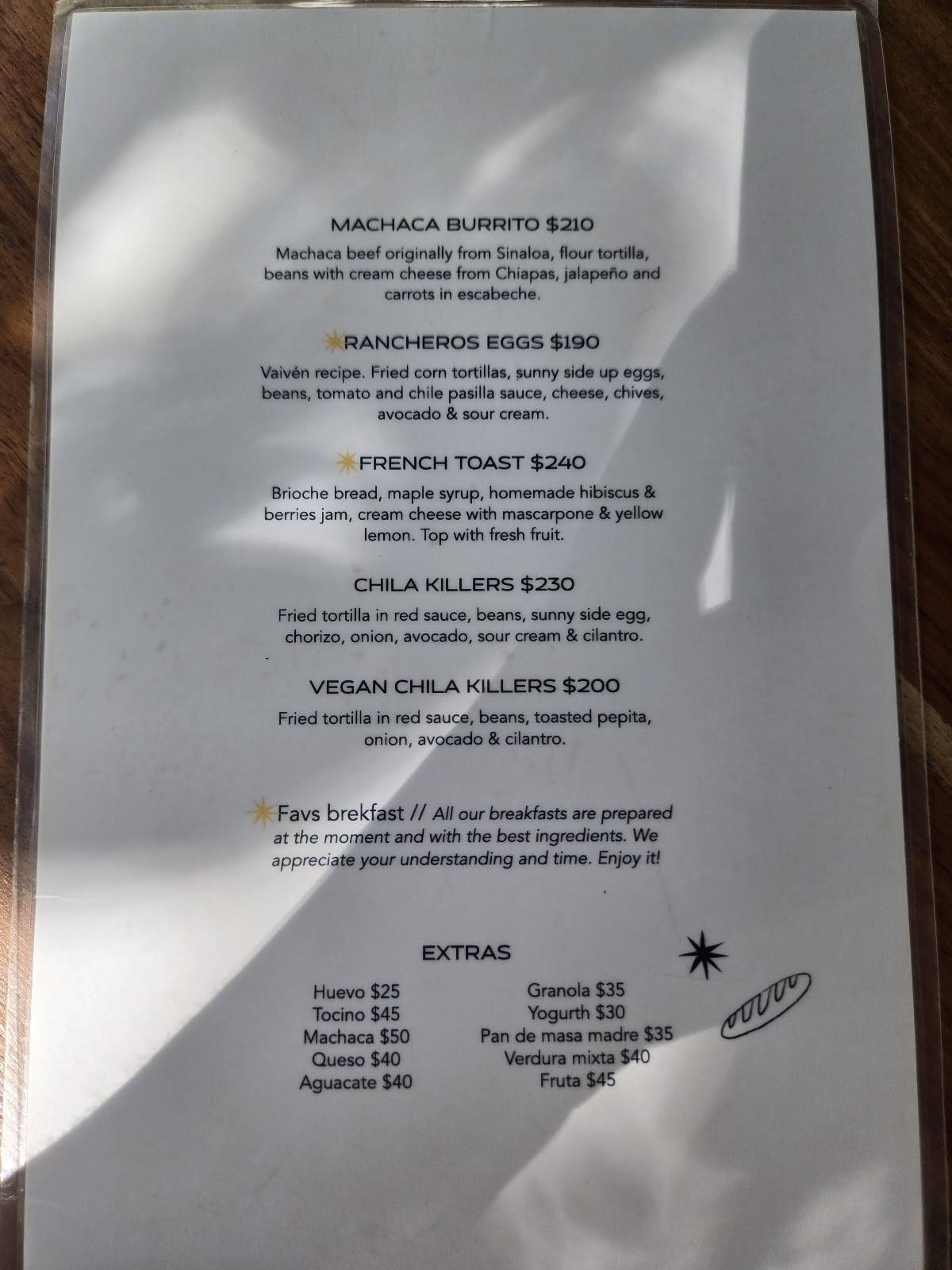 Vaivén Tulum меню