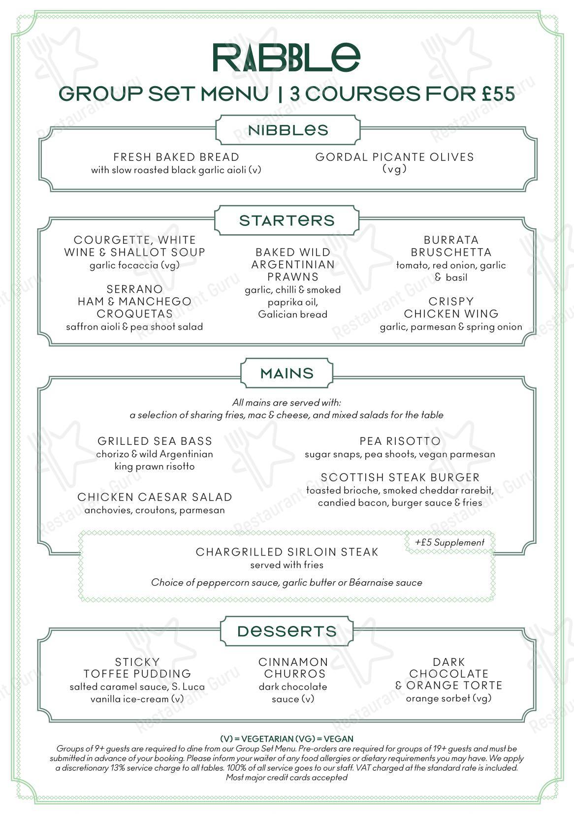 Group Booking Menu паба и бара Rabble в Эдинбурге