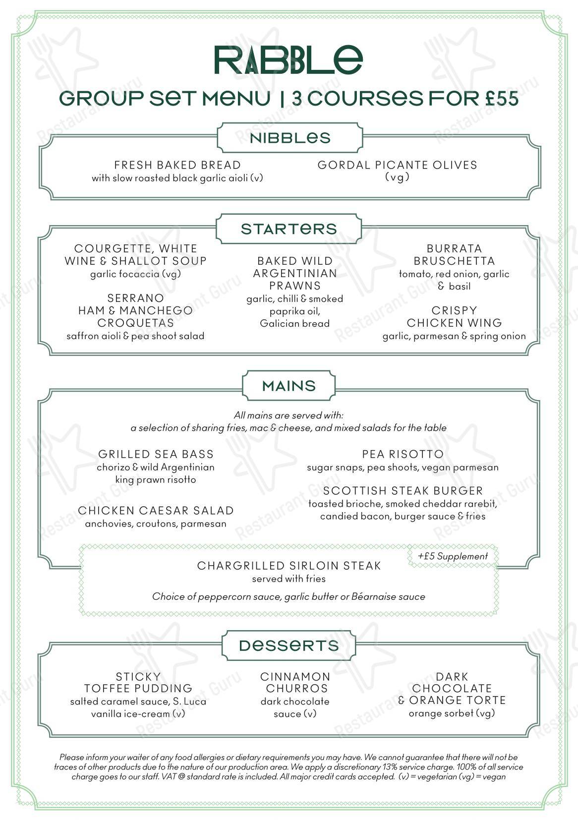 Table Menu паба и бара Rabble в Эдинбурге