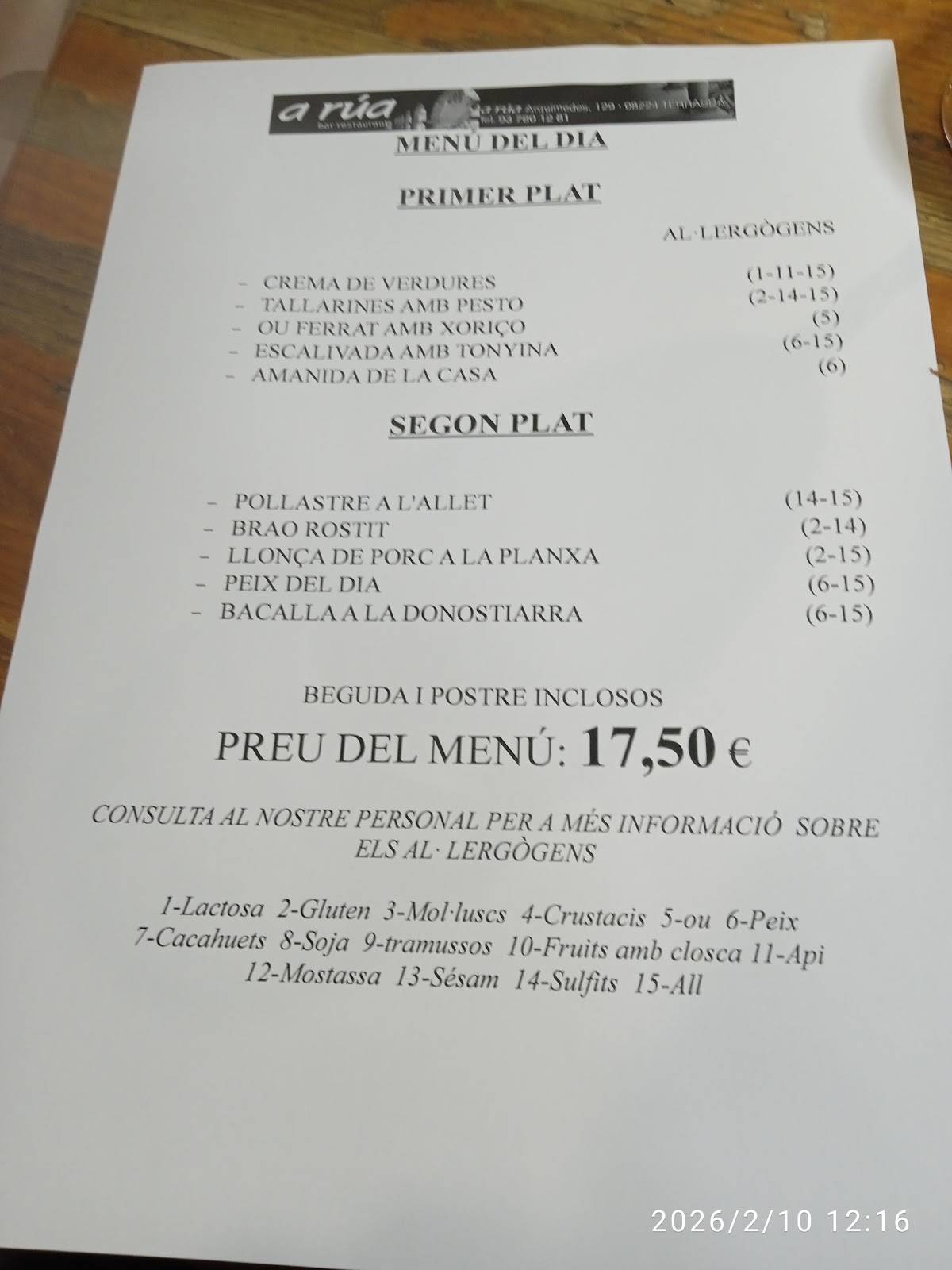 Restaurant Nova Rúa меню