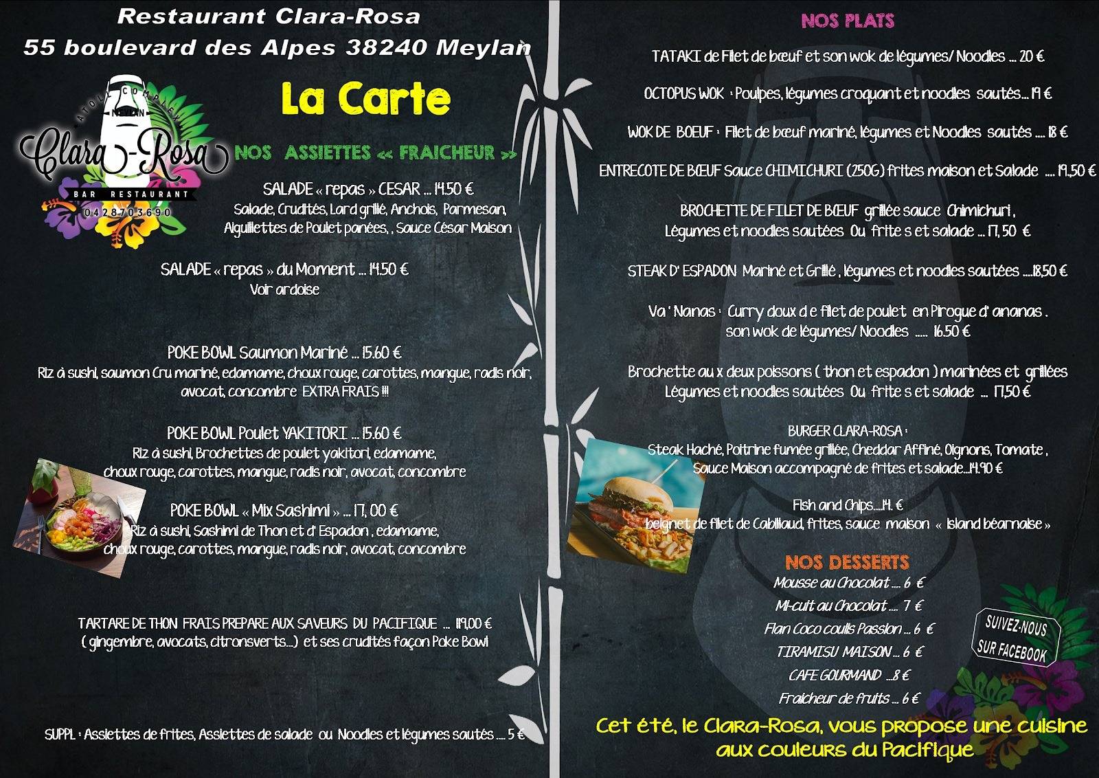 Restaurant Bar Clara-Rosa Atoll Complex Meylan меню