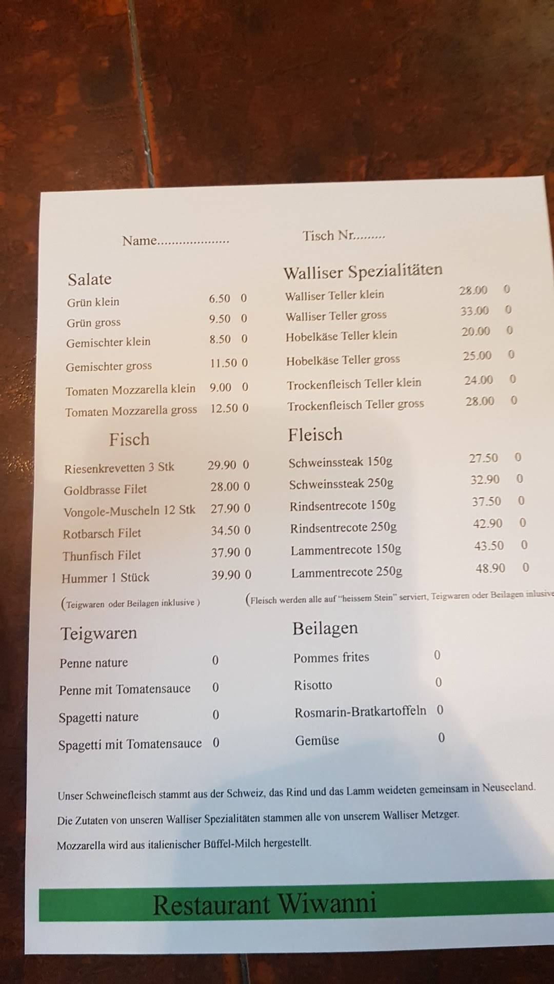 Restaurant Bar Wiwanni меню