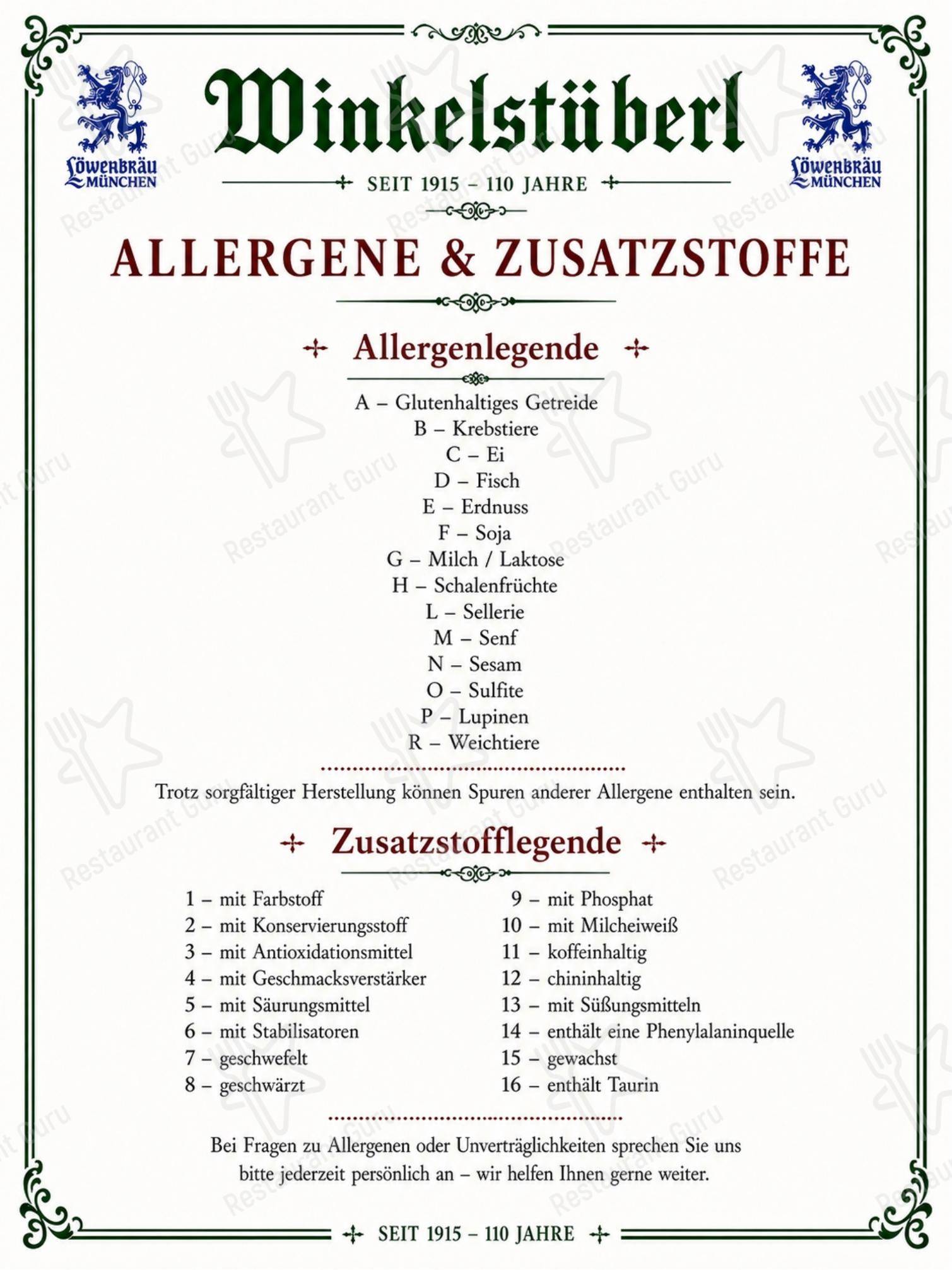 Меню ресторана Restaurant Cafe Fünf в Мюнхене