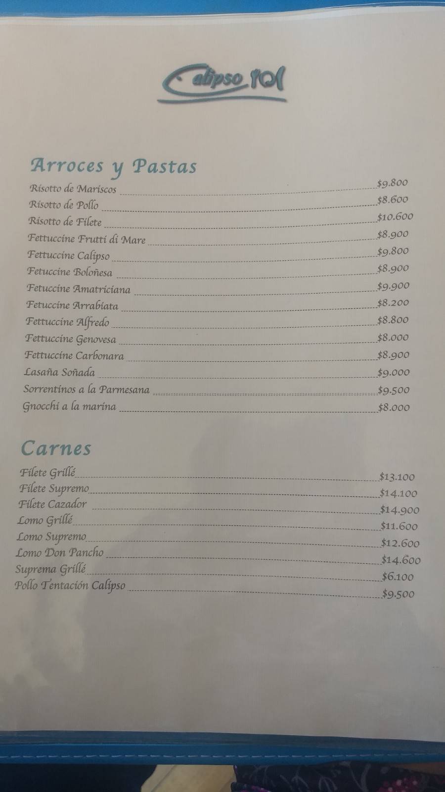 Restaurant Calipso меню