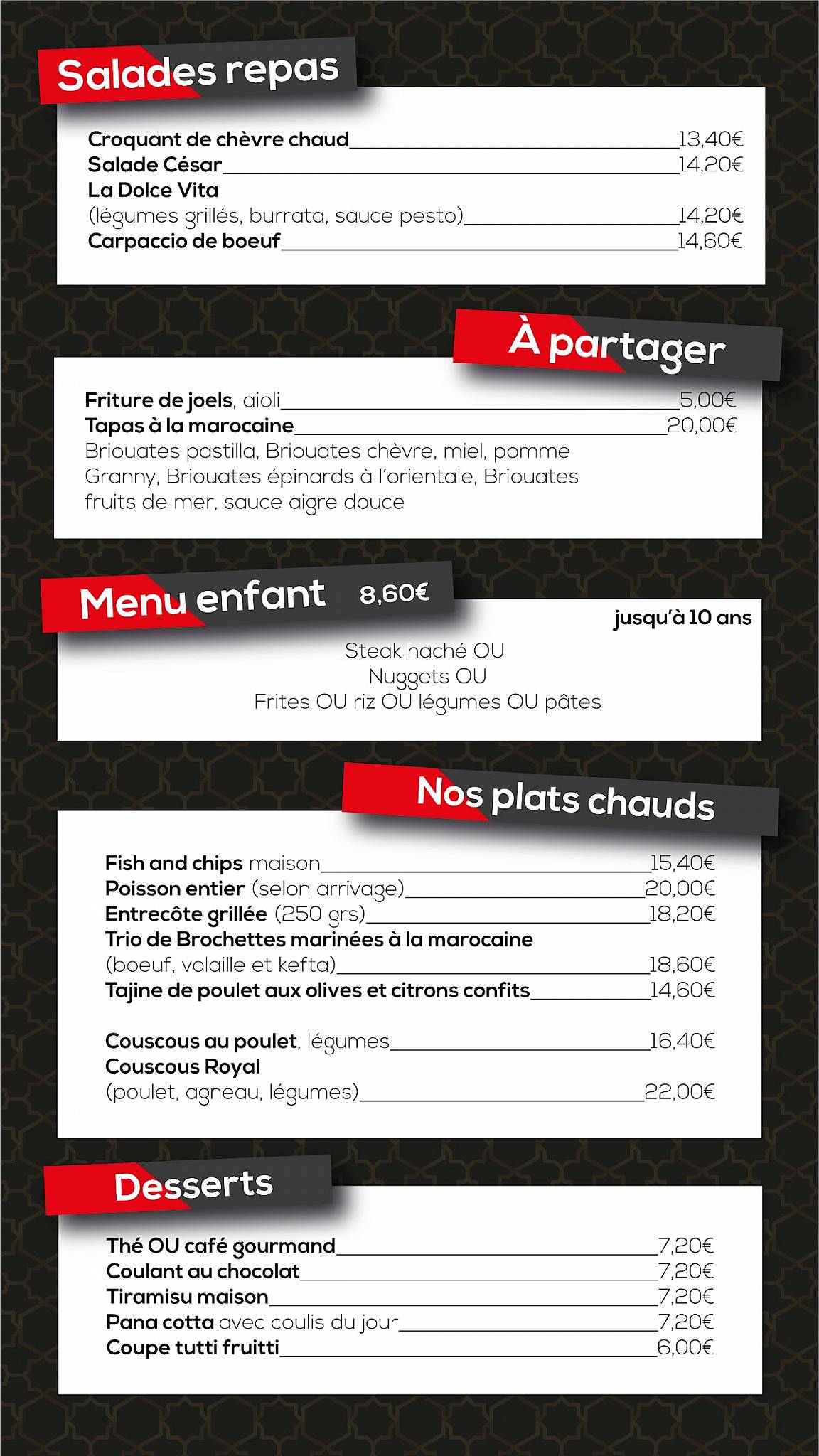 Restaurant Chez Rajaa Frontignan Plage меню
