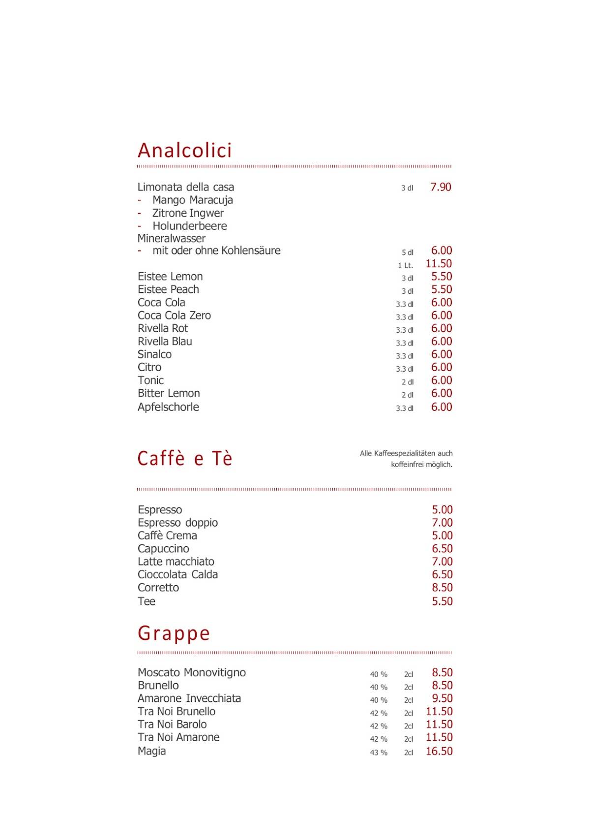 Cucina Niederdorf меню