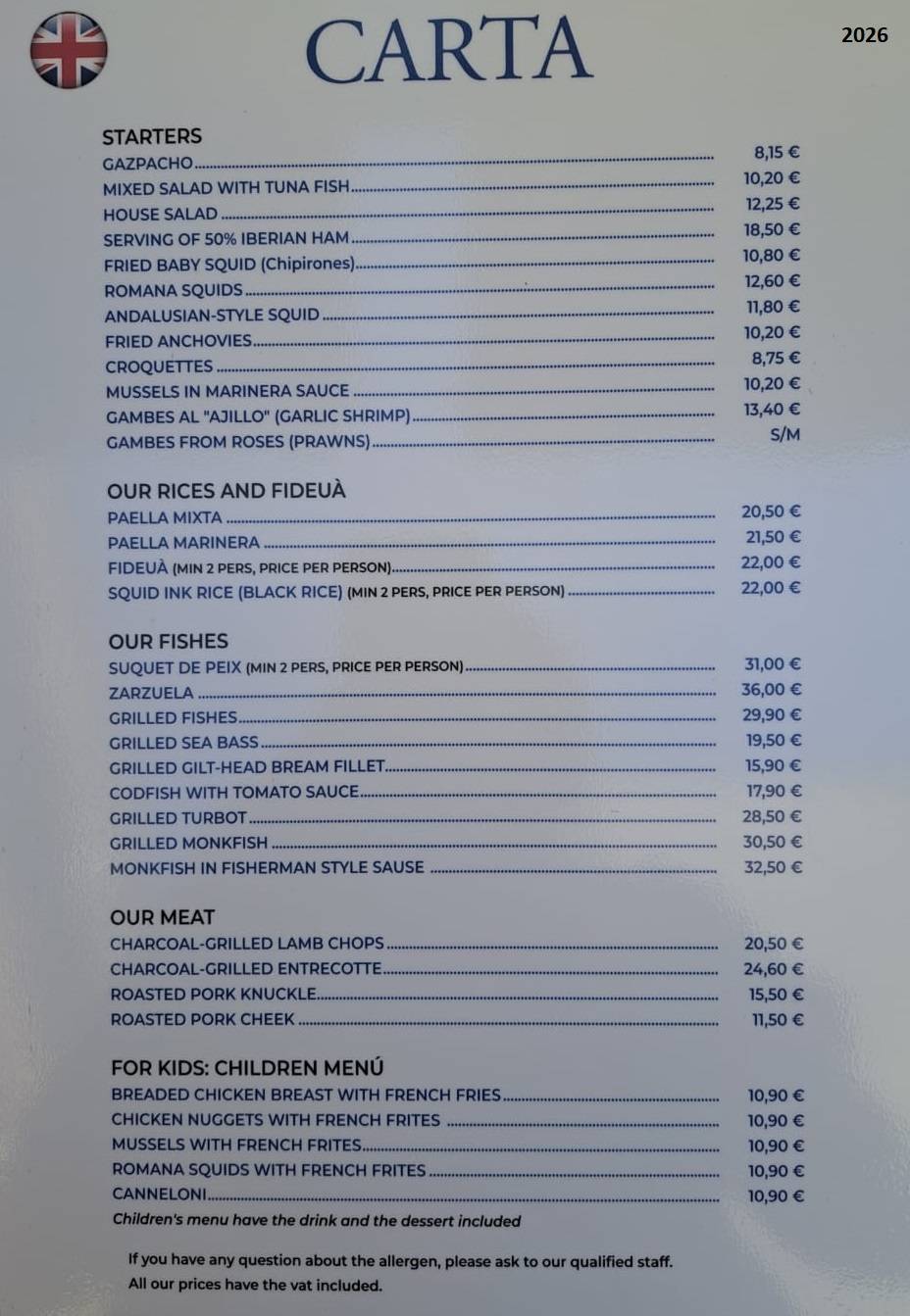 Hotel-Restaurant La Cala меню