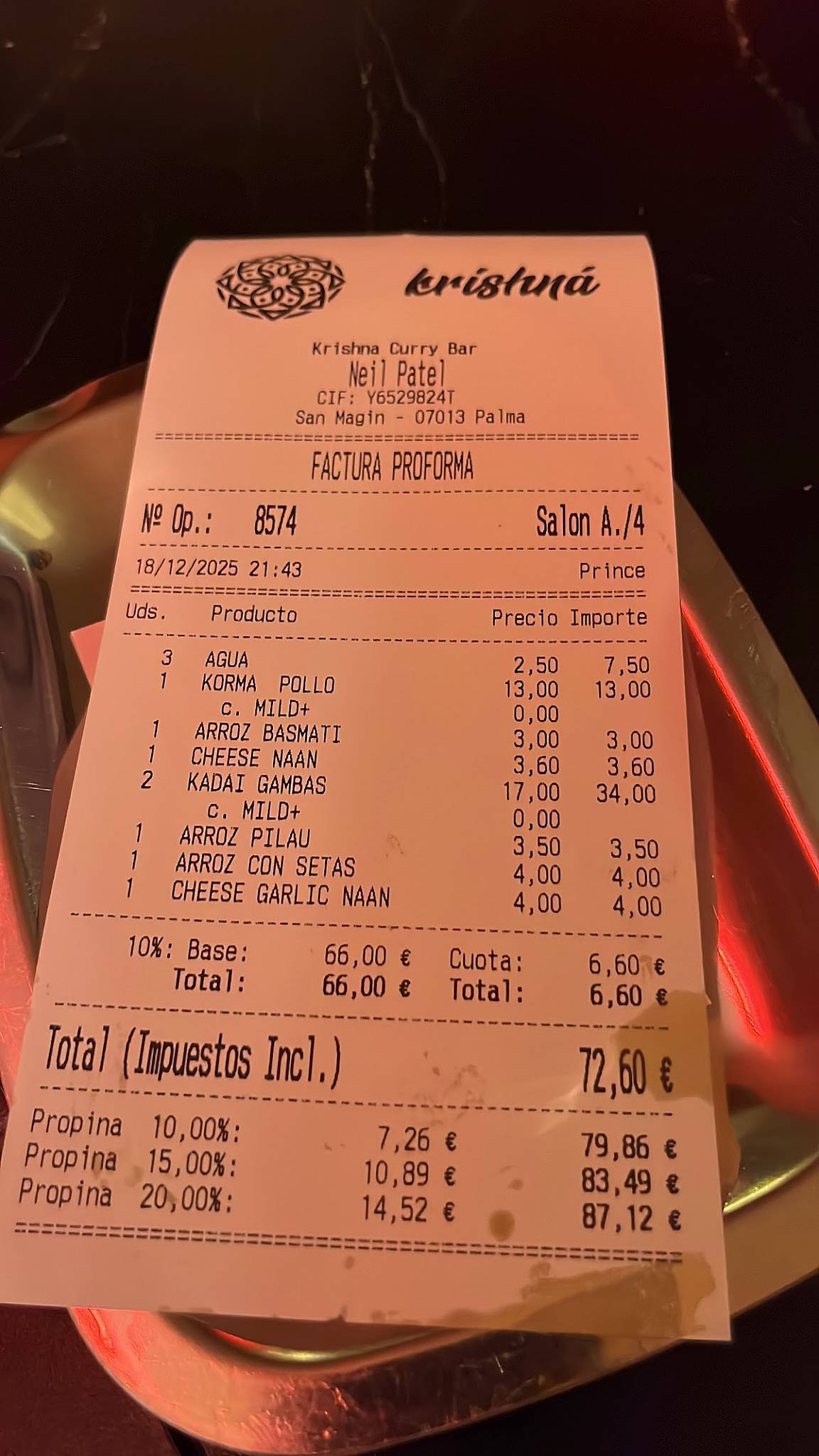 Krishna Curry Bar Santa Catalina меню