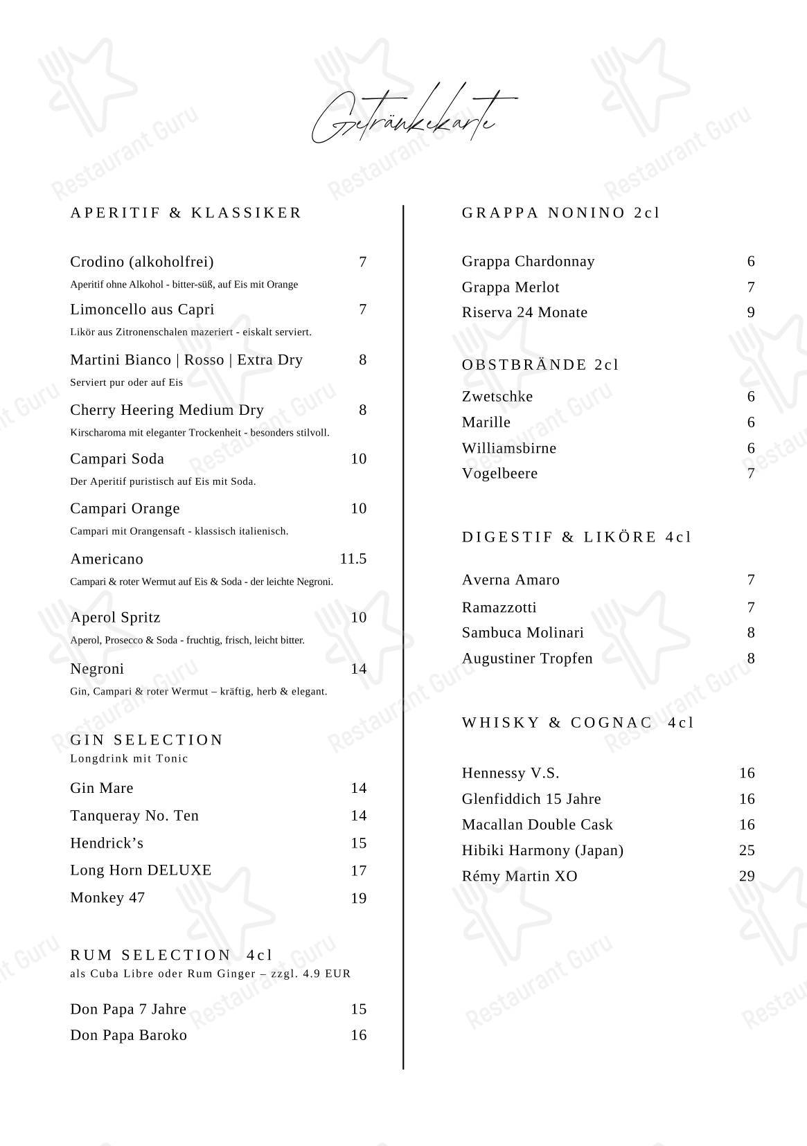 Меню ресторана Restaurant LUCE - Меню напитков