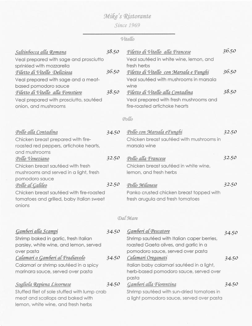 Mike's Ristorante меню