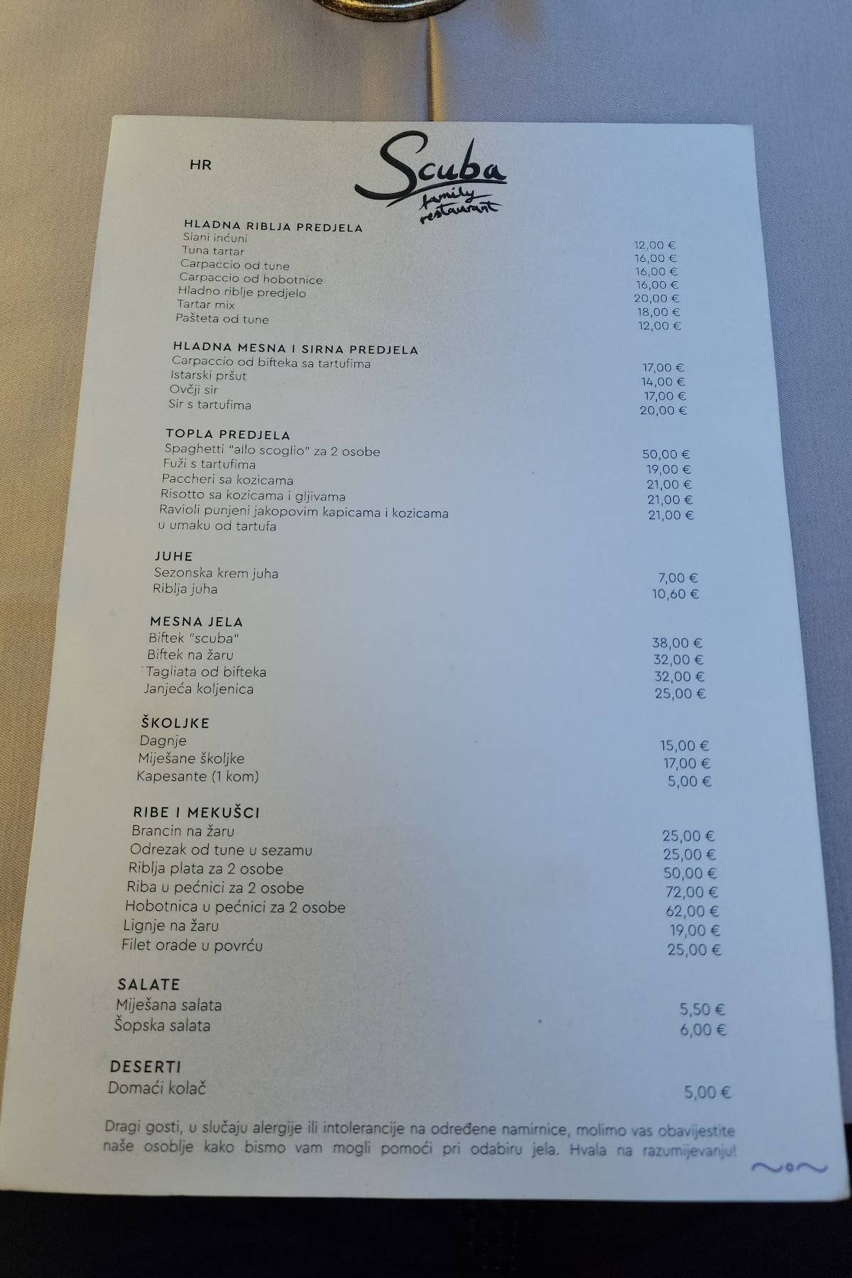 Scuba restaurant меню