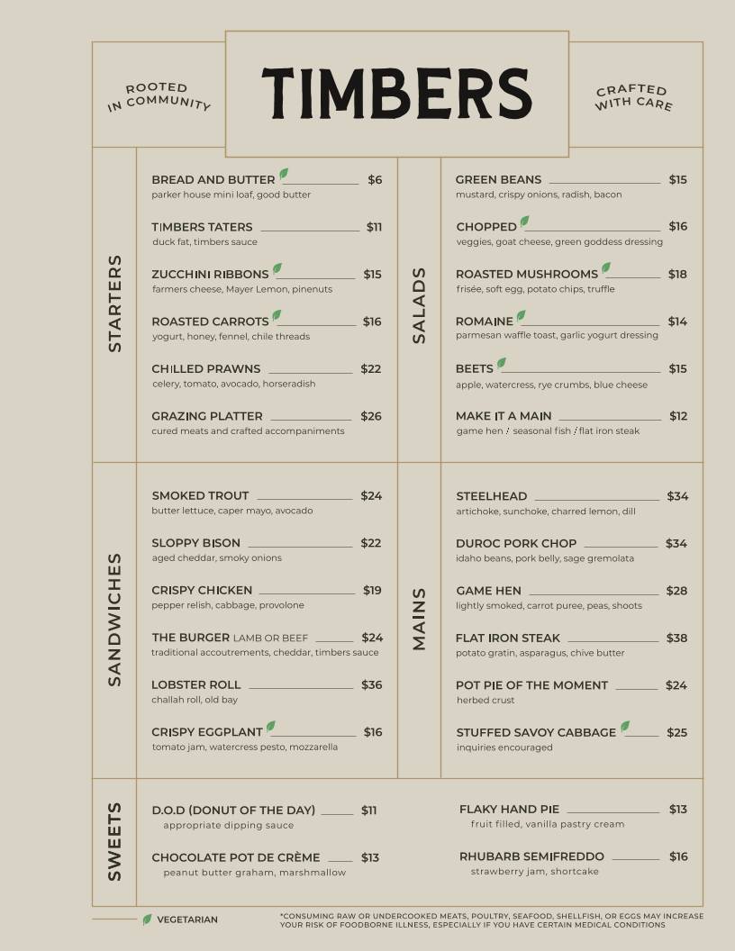 Timbers Restaurant меню