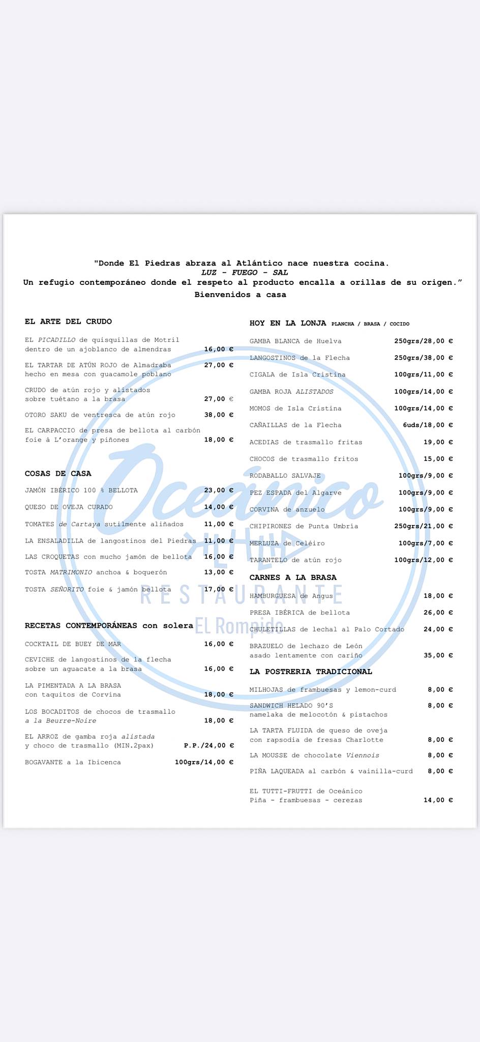 Restaurante Oceánico El Rompido меню