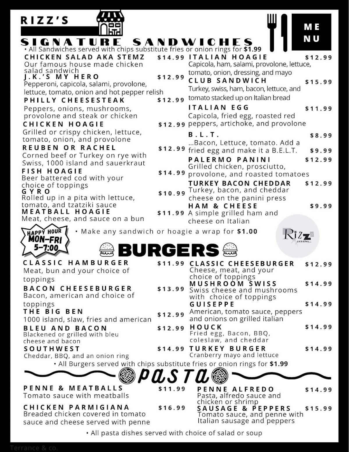 Rizz's Restaurant and Bar меню