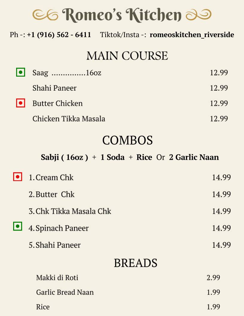 Romeo's Kitchen - Indian Cuisine Food Truck меню