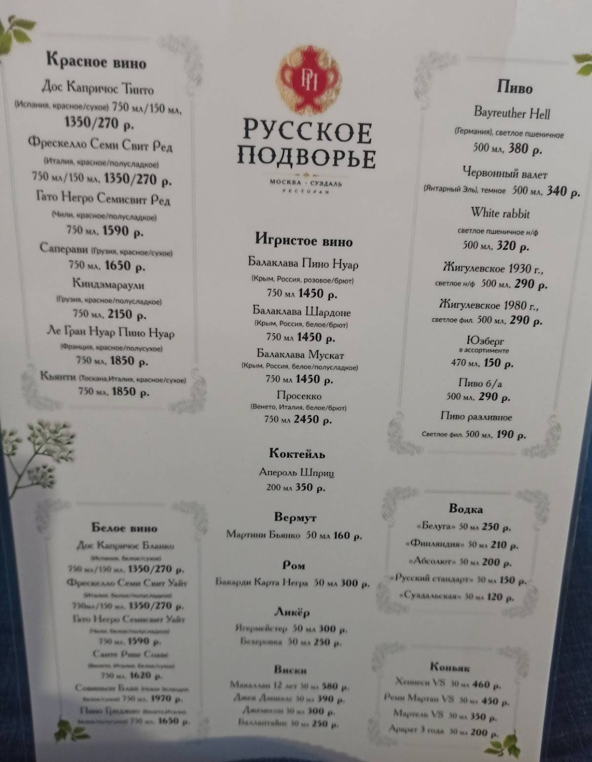 Русское подворье меню
