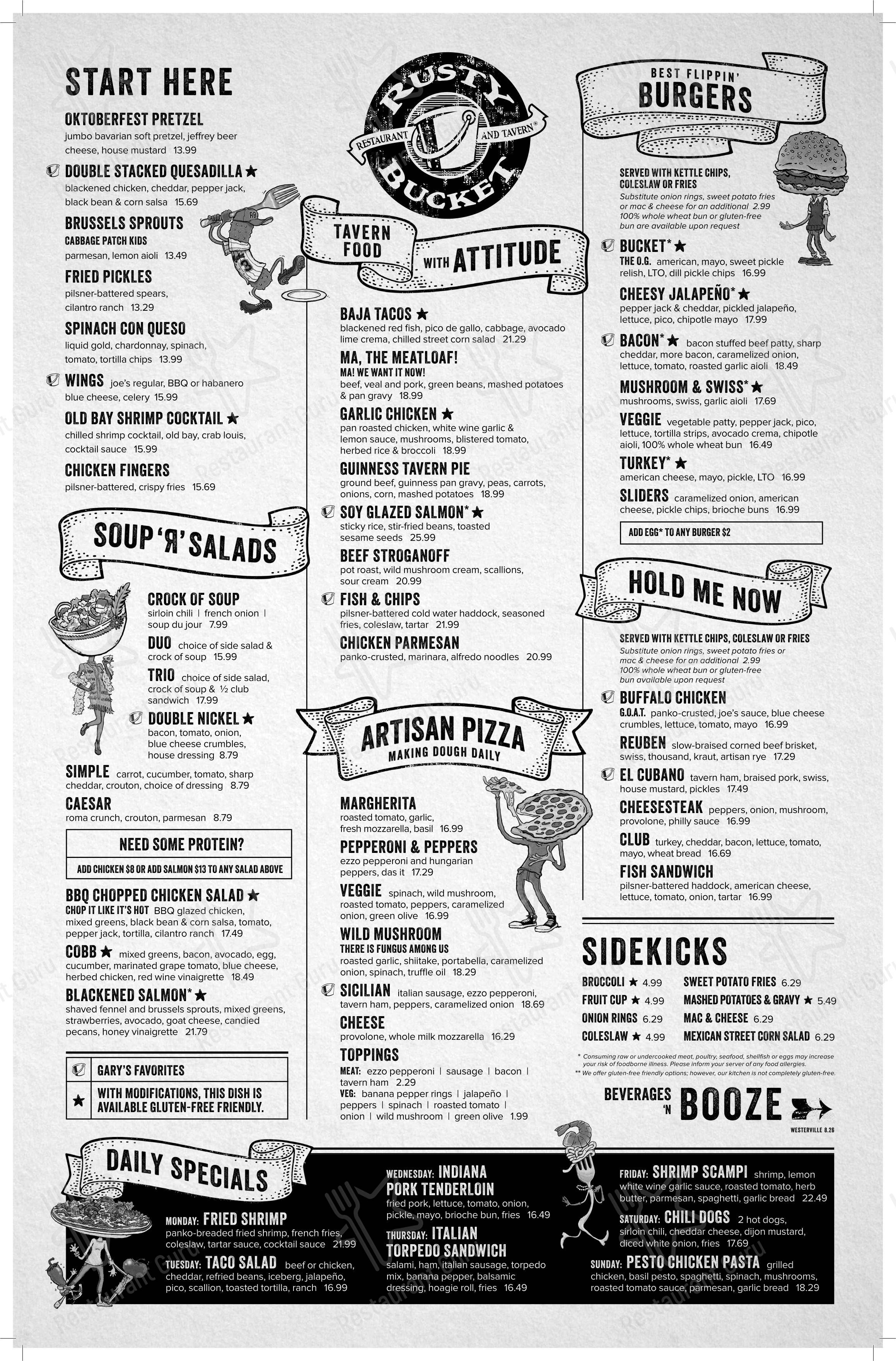 Меню Rusty Bucket Restaurant and Tavern - блюда и напитки