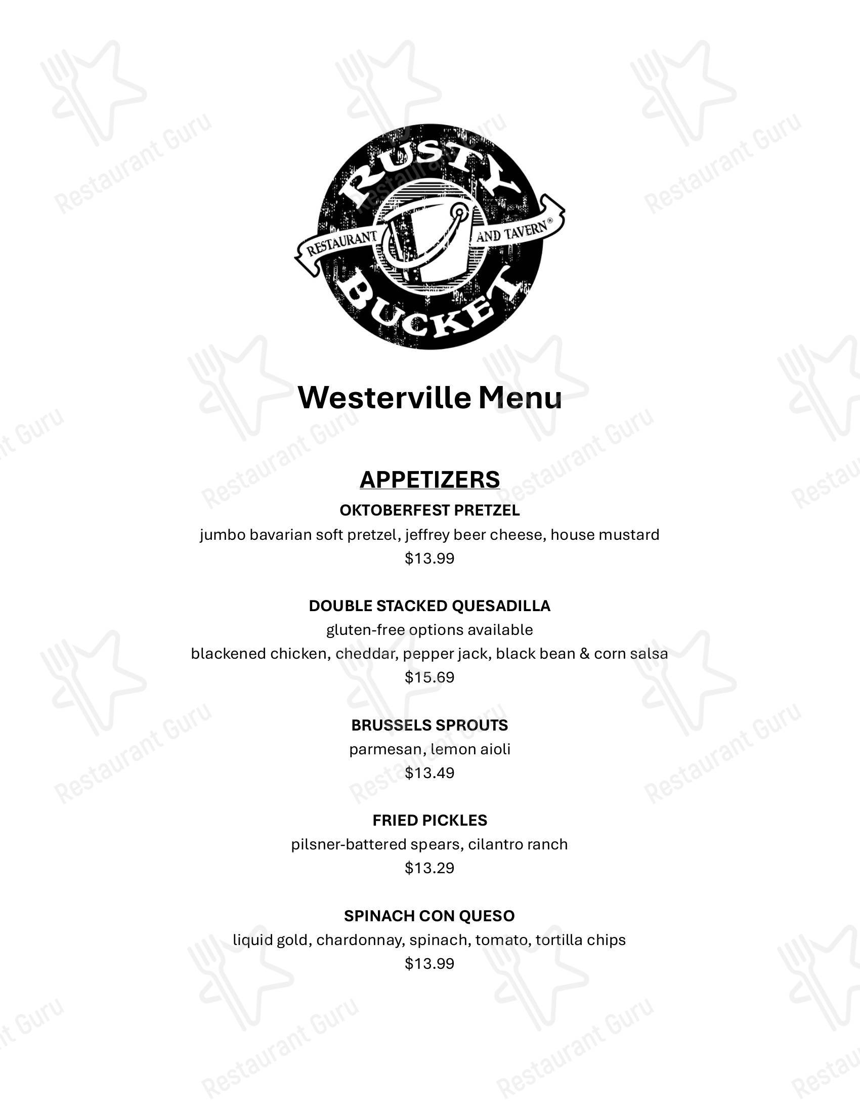 Dinner Menu паба и бара Rusty Bucket Restaurant and Tavern в Вествиле