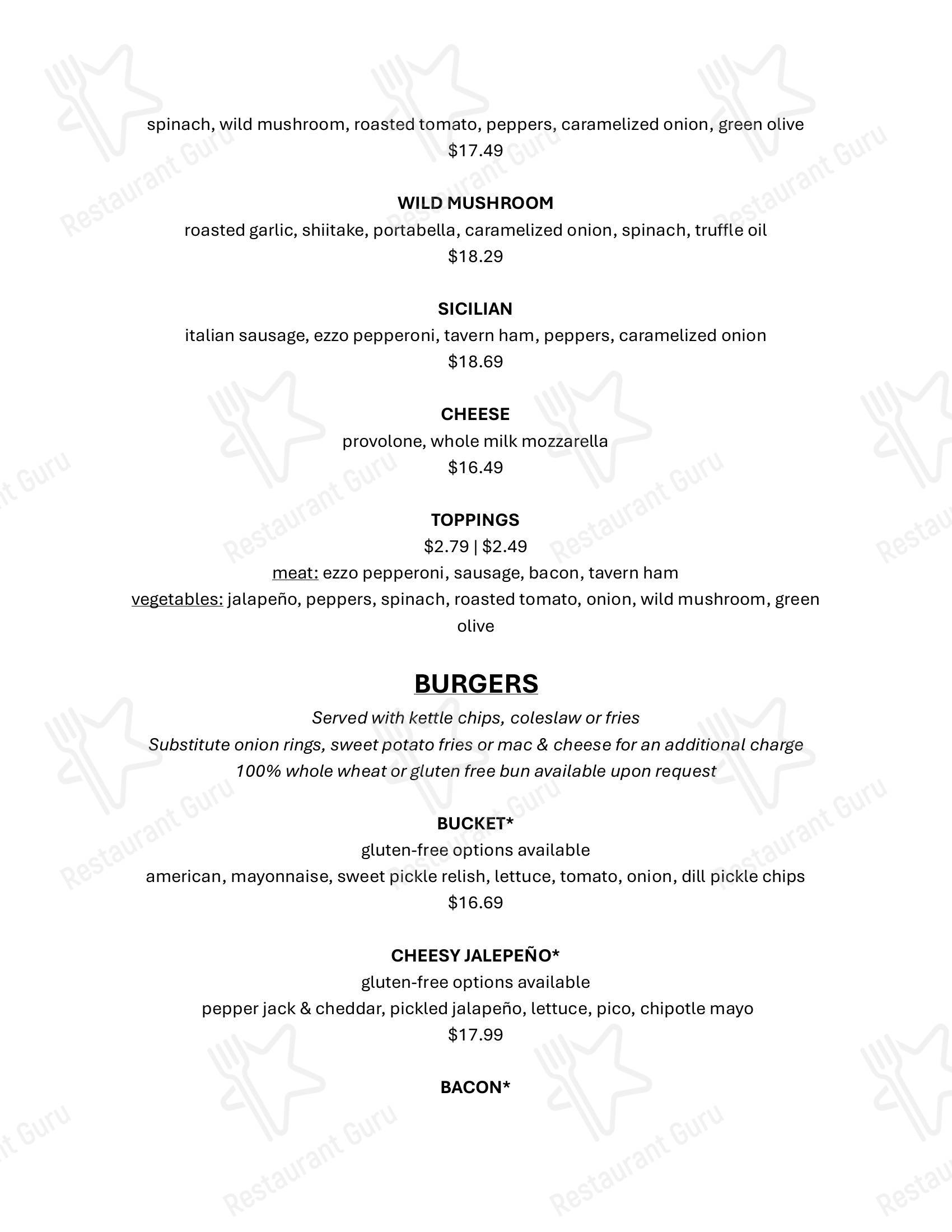 Dinner Menu паба и бара Rusty Bucket Restaurant and Tavern