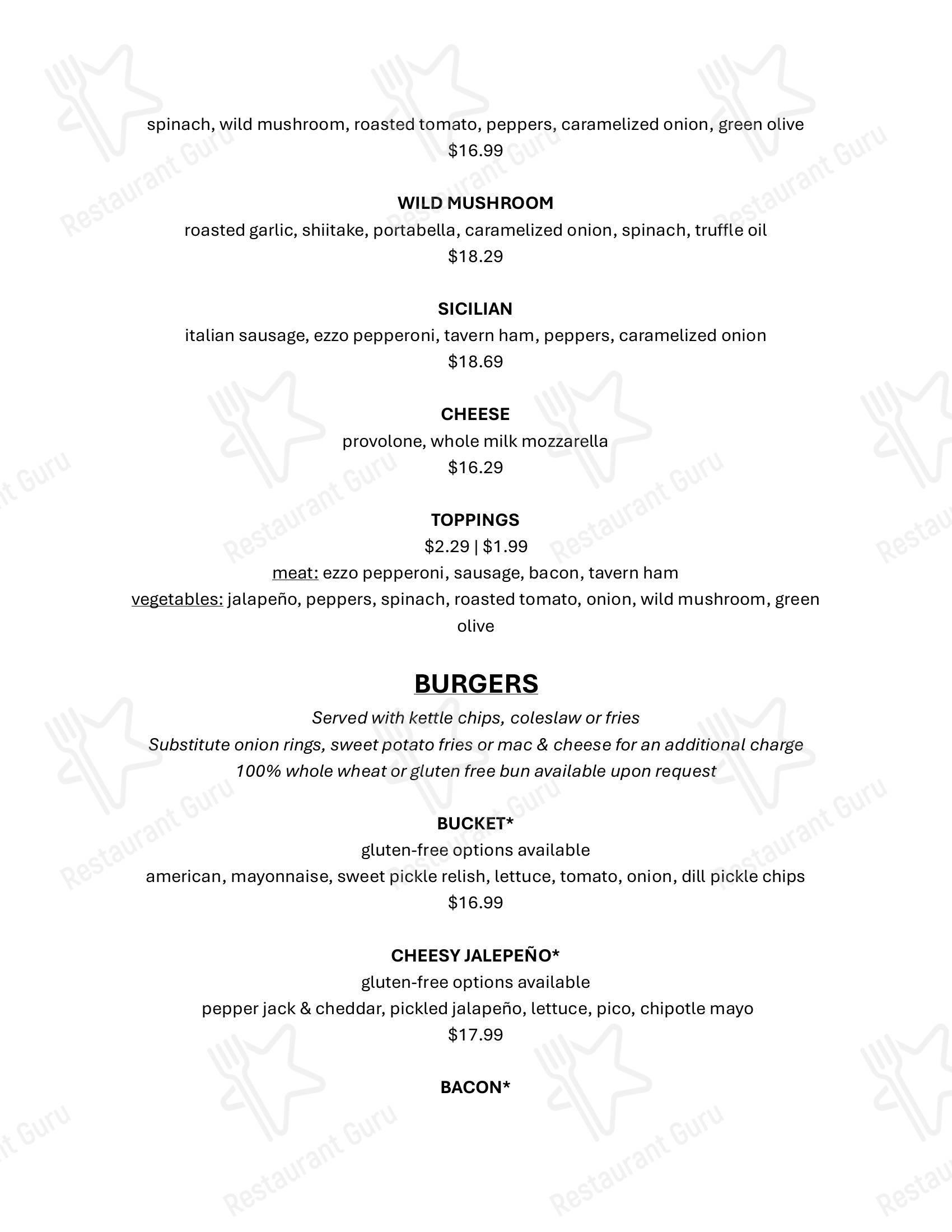 Dinner Menu паба и бара Rusty Bucket Restaurant and Tavern в Вествиле