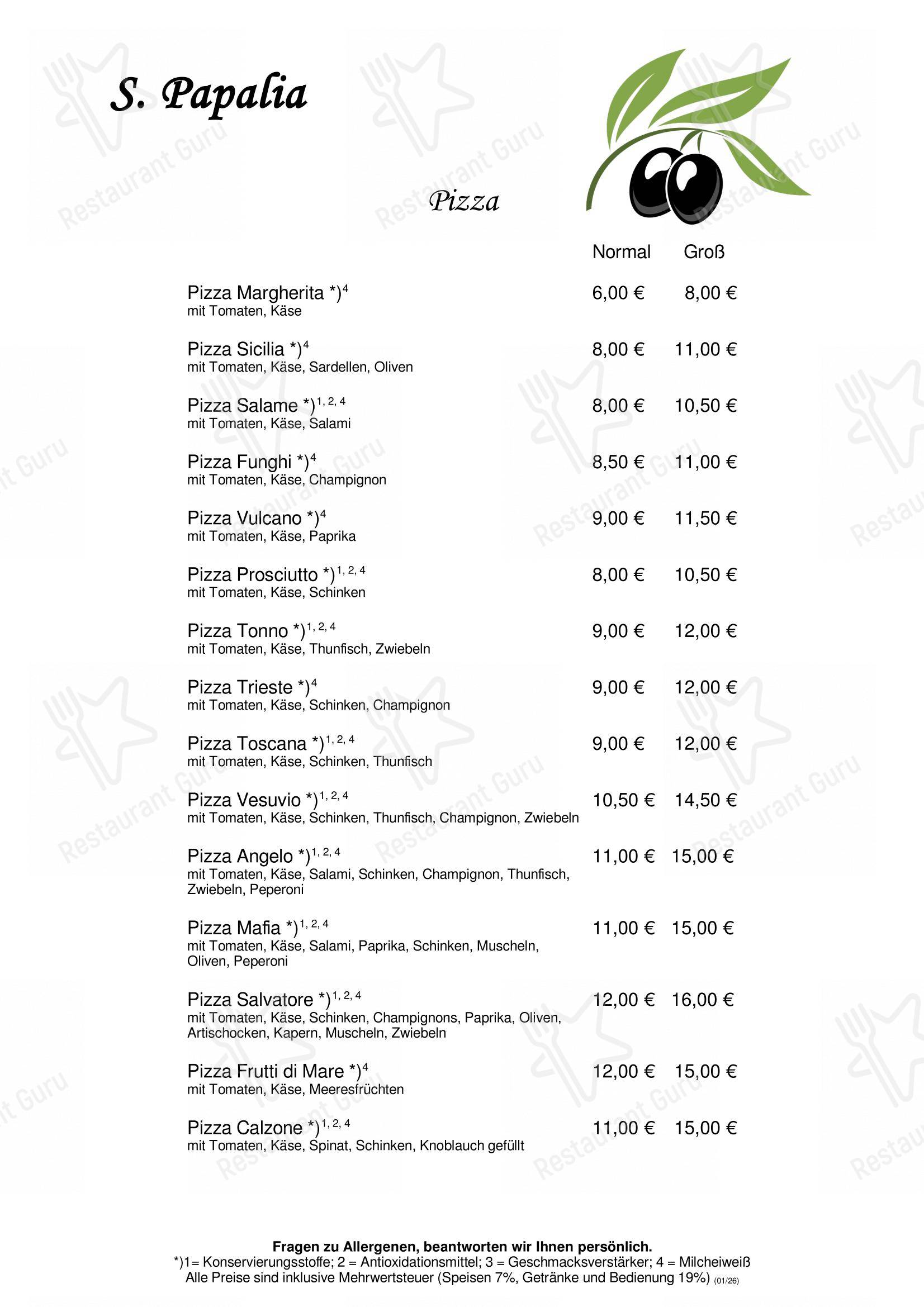 S. Papalia Ristorante Pizzeria в Кёльне - Меню