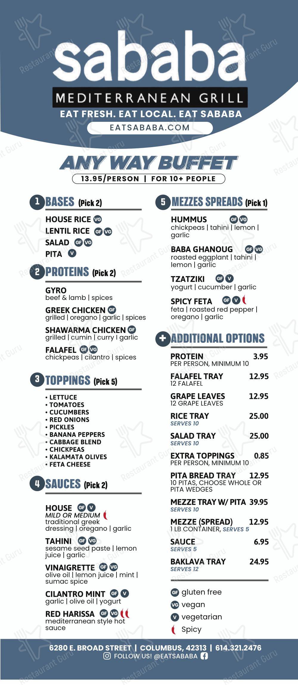 Sababa Mediterranean Grill в Колумбусе - Основное меню