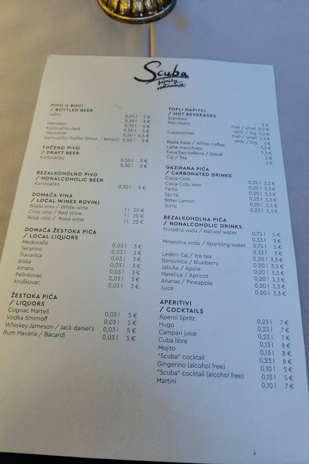 Scuba restaurant меню