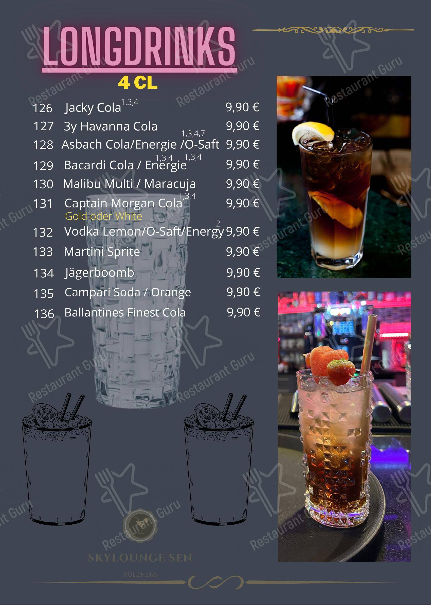 Меню паба и бара Skylounge Sen в Рюльцхайме