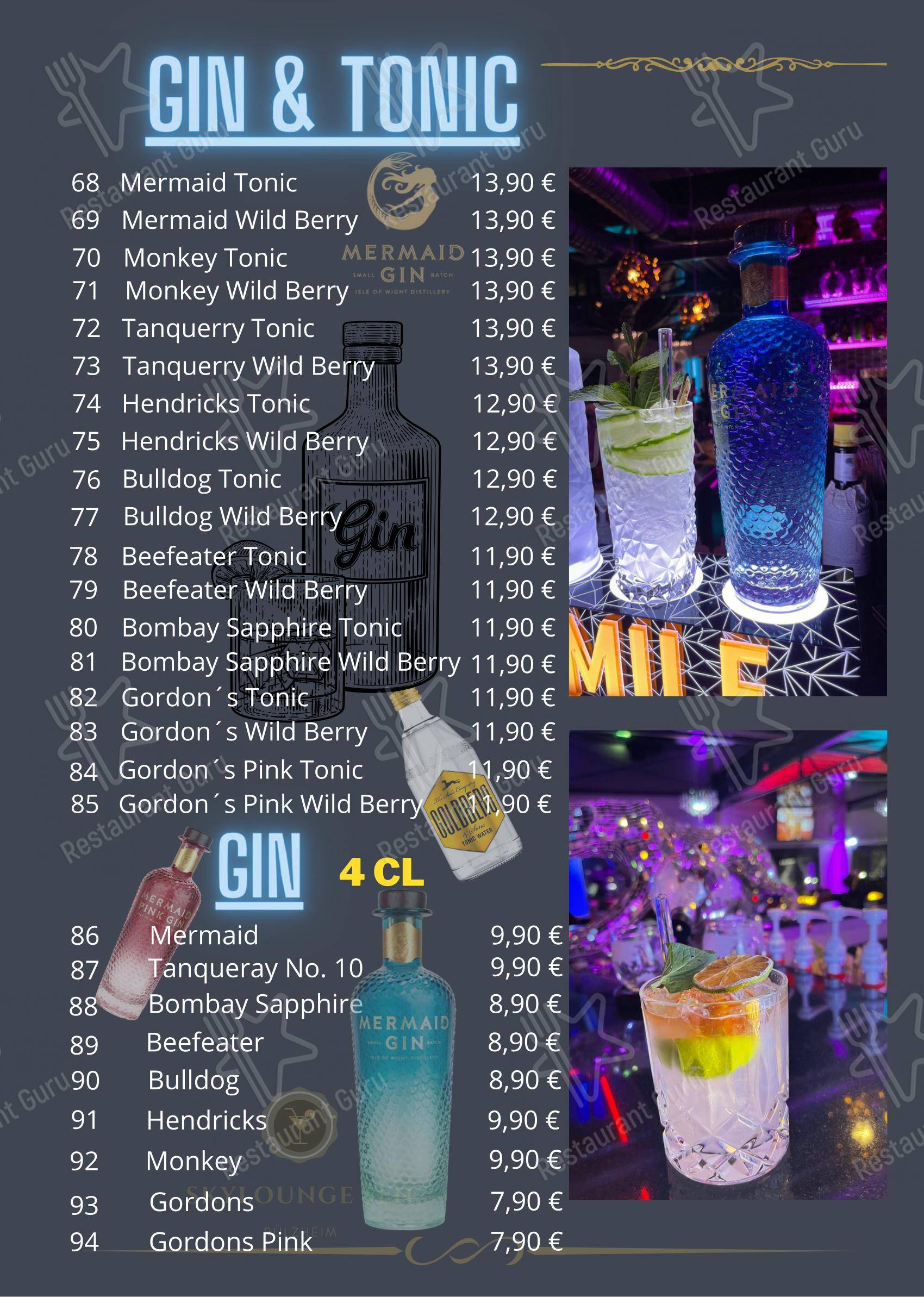 Меню паба и бара Skylounge Sen