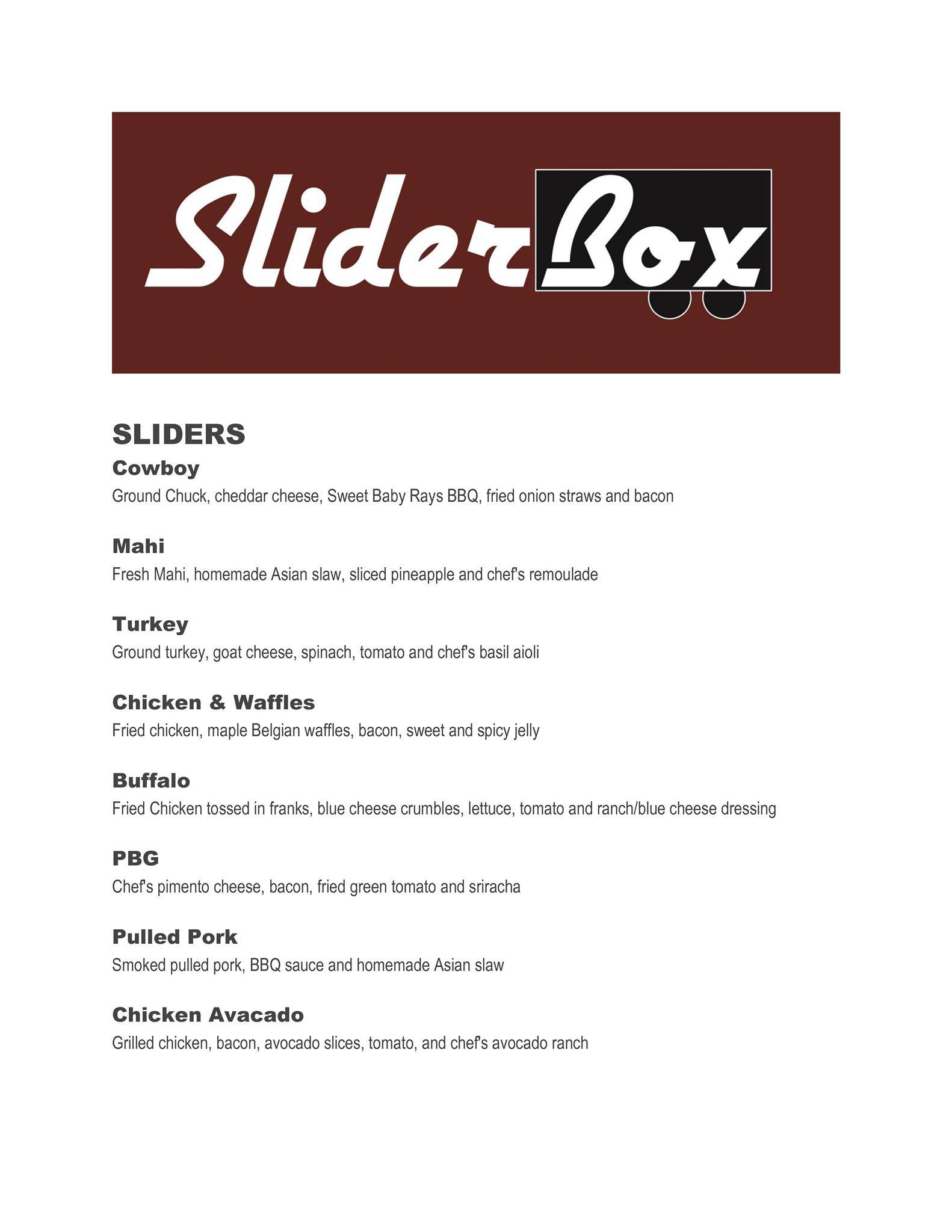 SliderBox Charleston SC меню