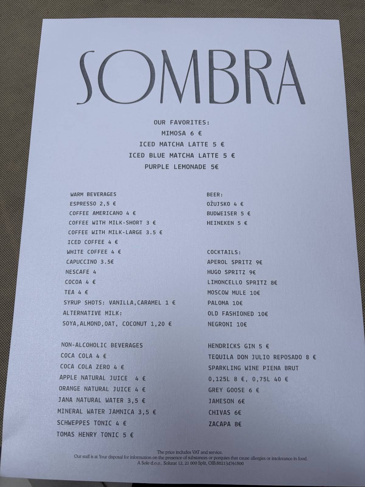 Sombra меню