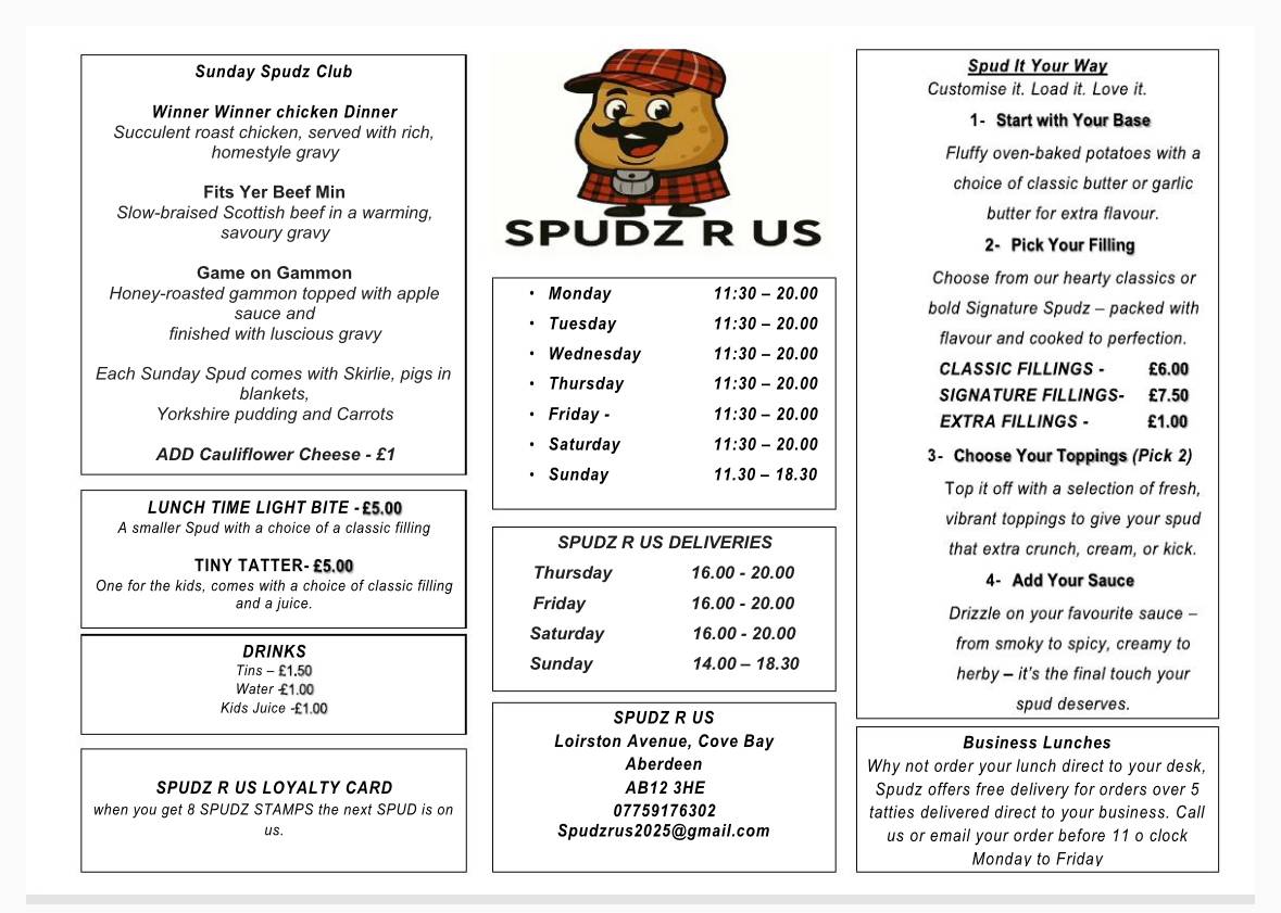 Spudz R us меню