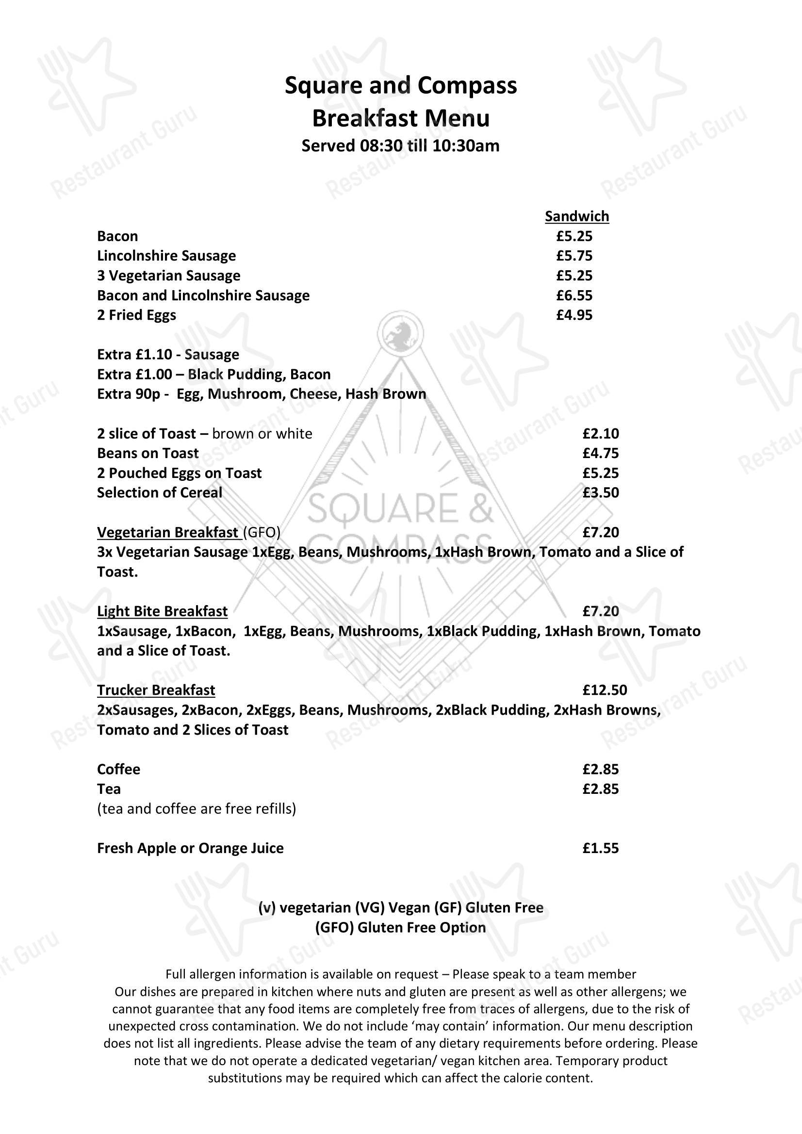 Меню паба и бара Square & Compass, Darley Dale