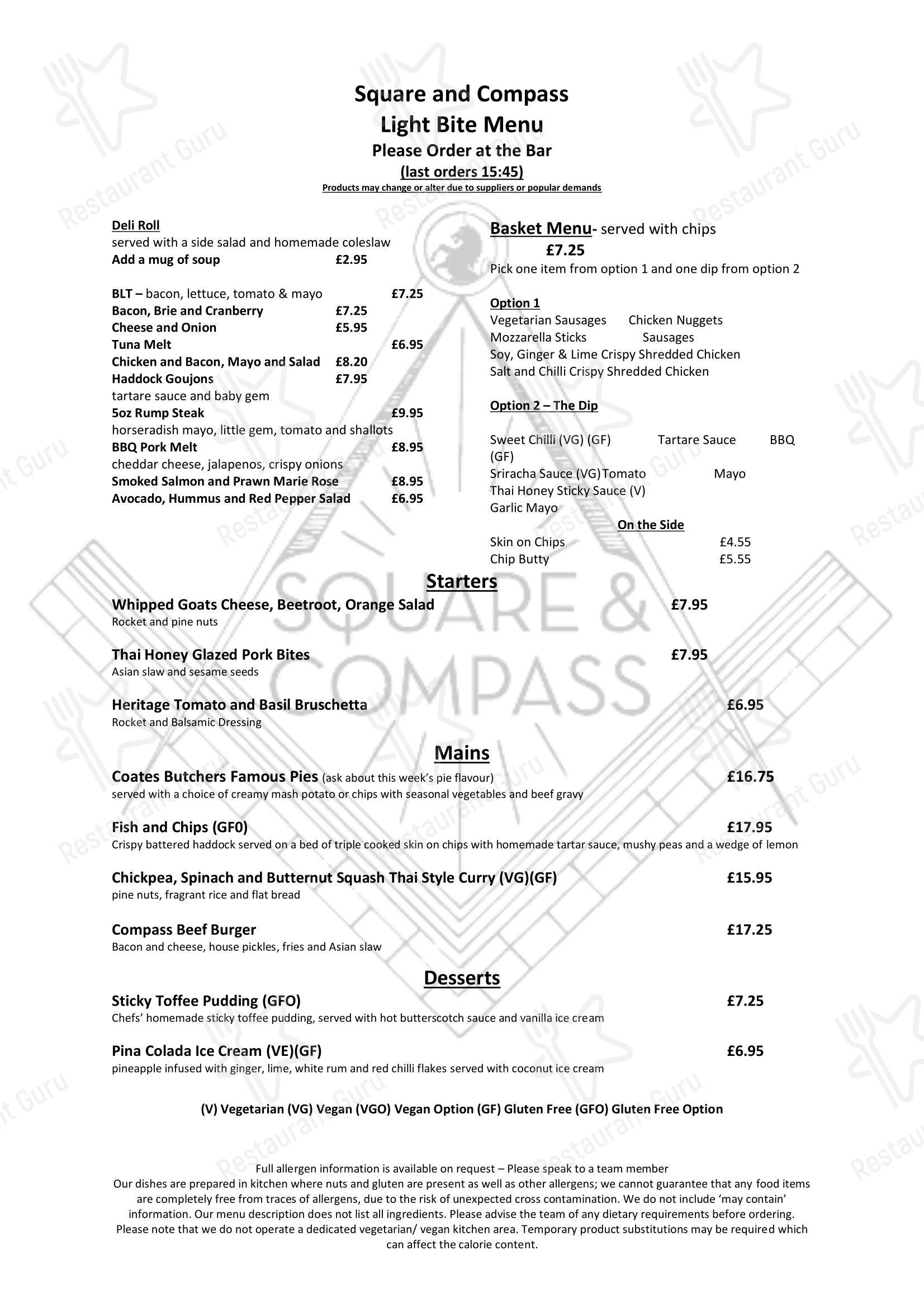 Square & Compass, Darley Dale в Матлоке - Основное меню