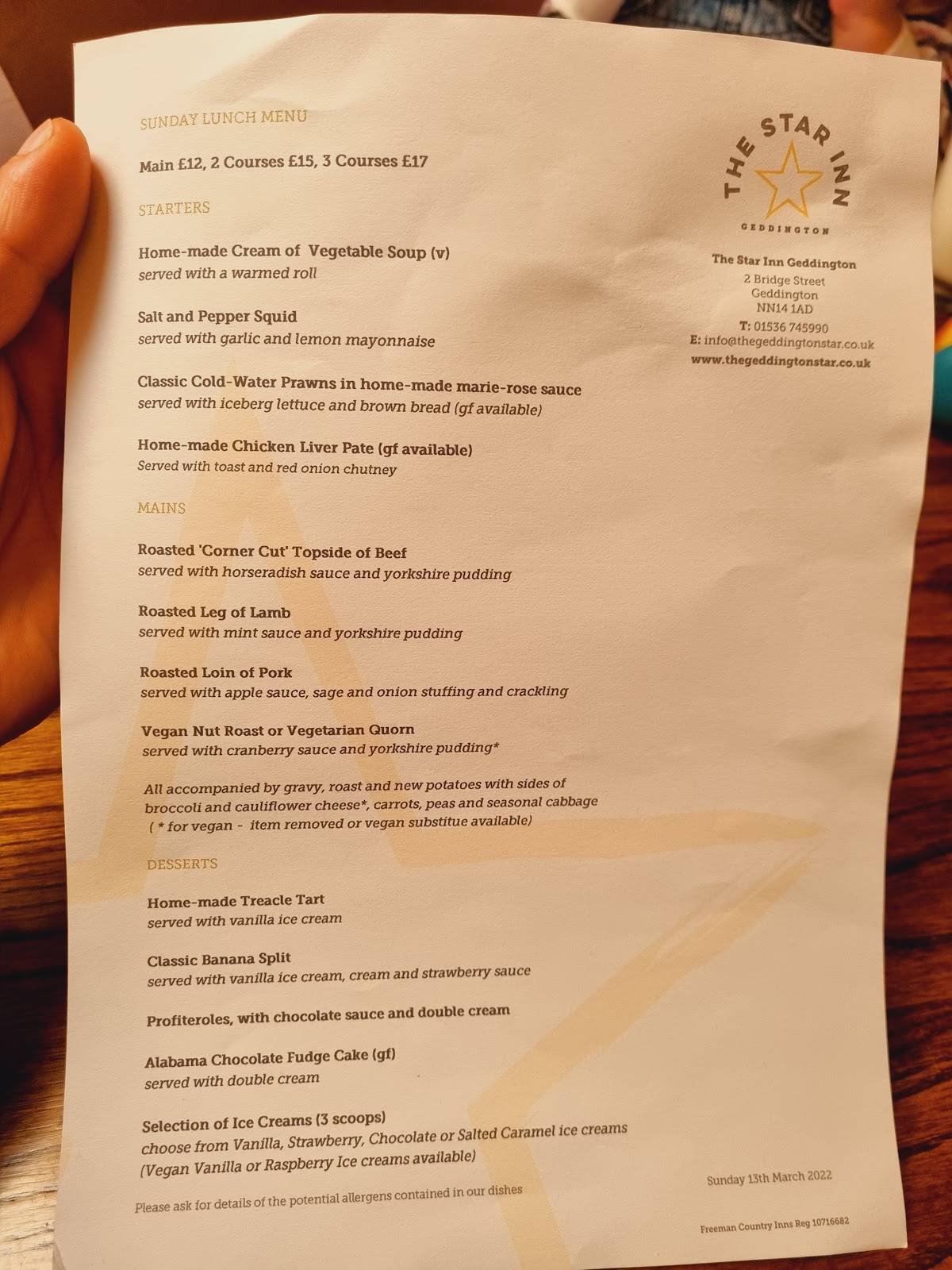 Star Inn меню