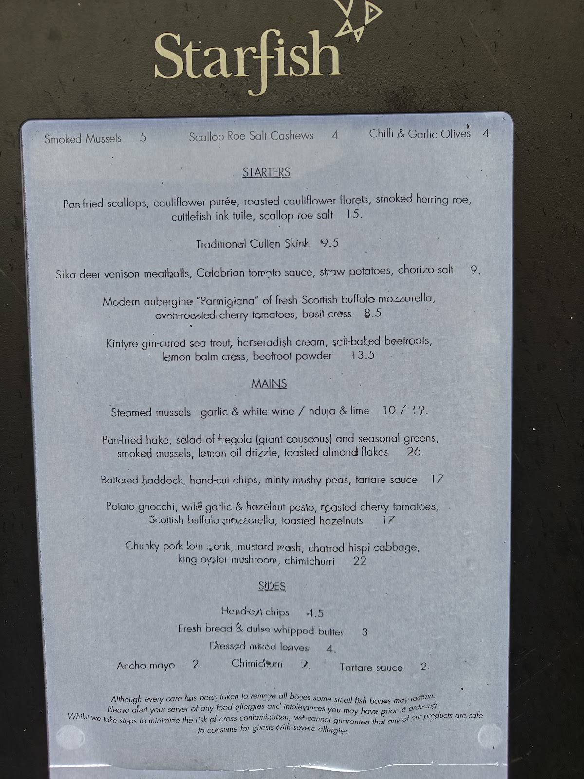 Starfish Restaurant, Tarbert меню
