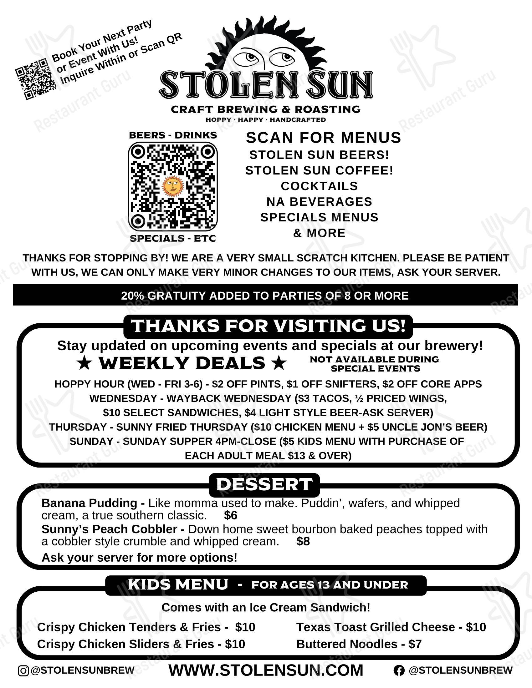 Меню паба и бара Stolen Sun Scratch Kitchen & Taphouse - Меню