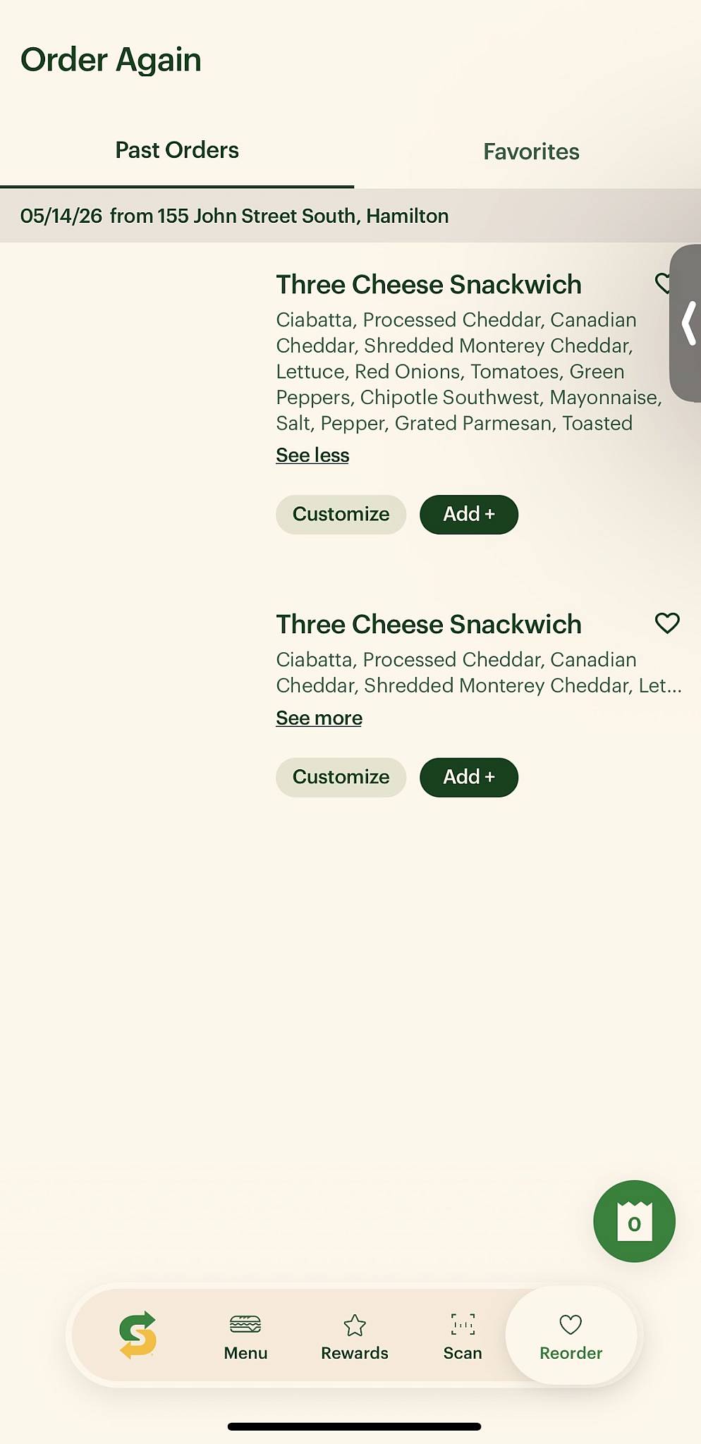 Subway@155 John Street South Hamilton меню