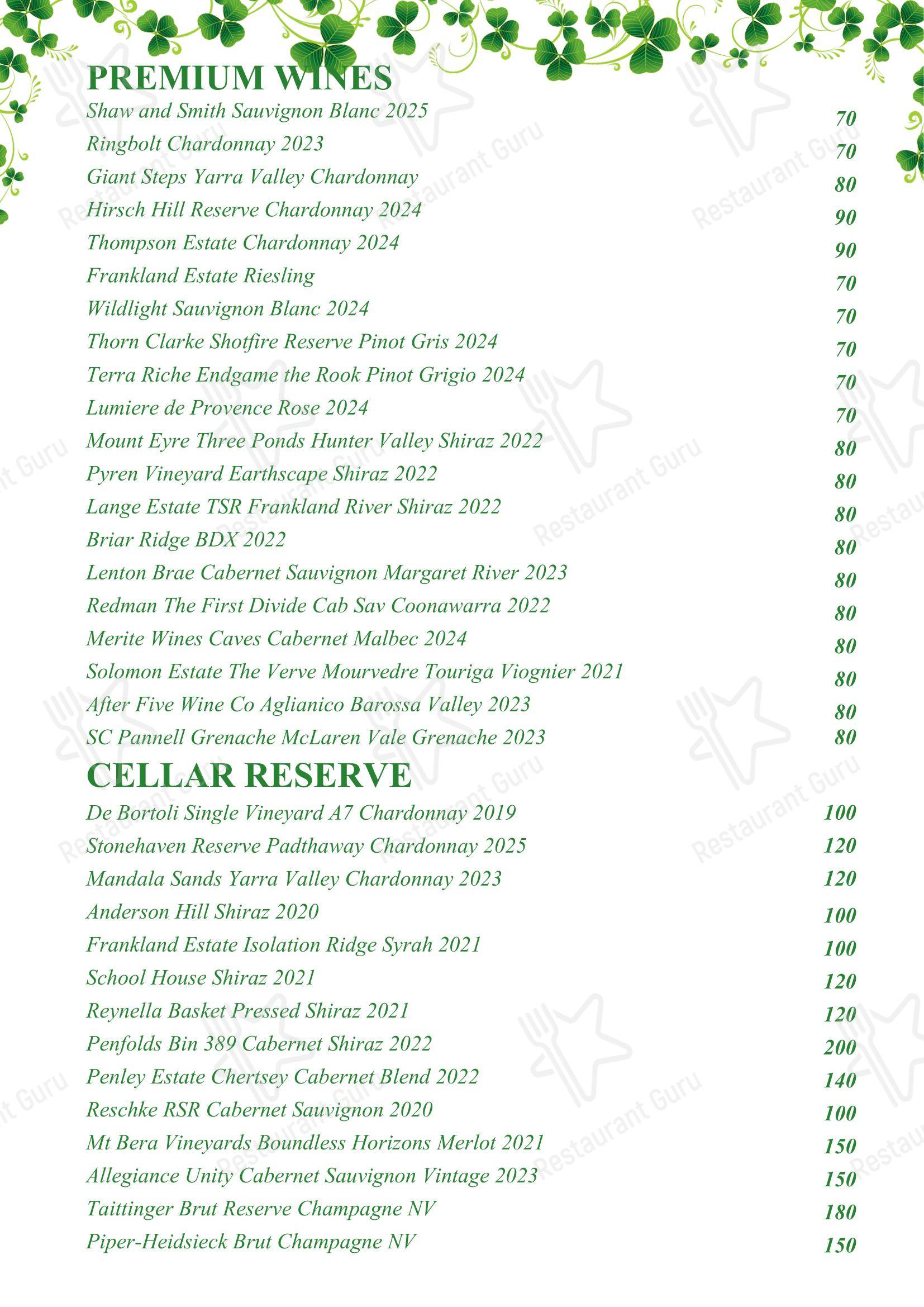 The Celtic Club Perth в Западе Перт - Меню