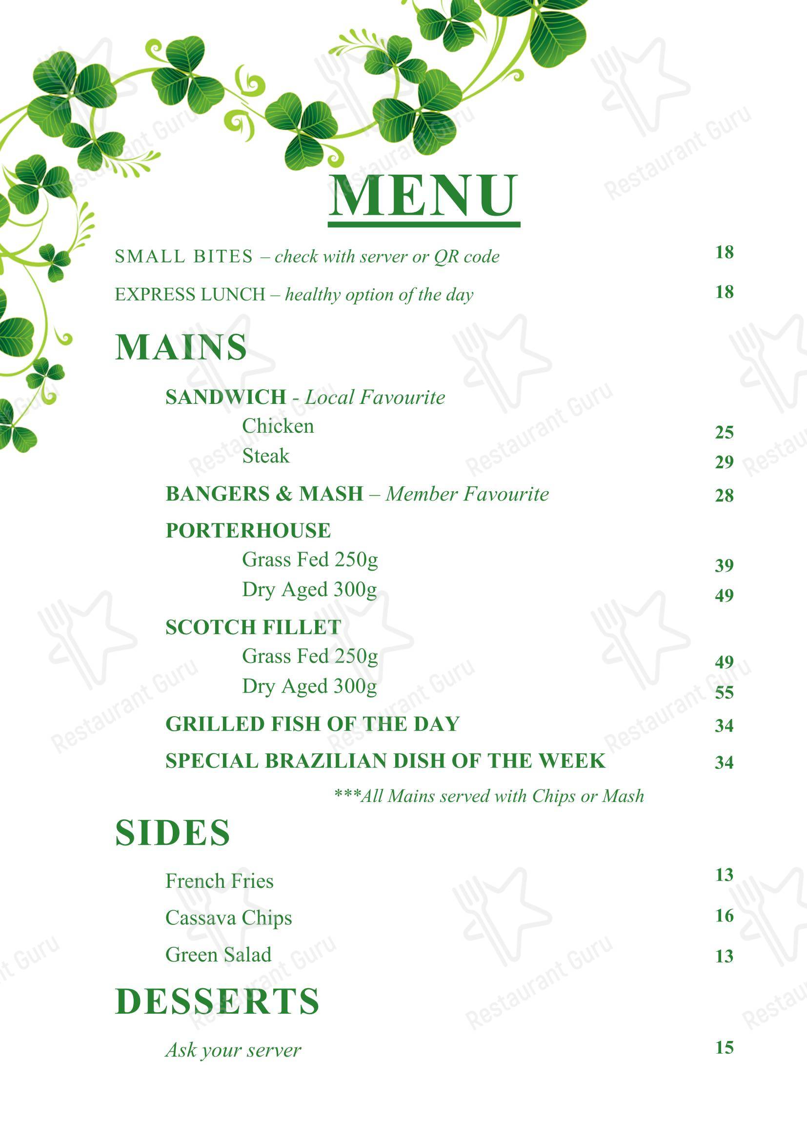 Меню ресторана The Celtic Club Perth - Меню