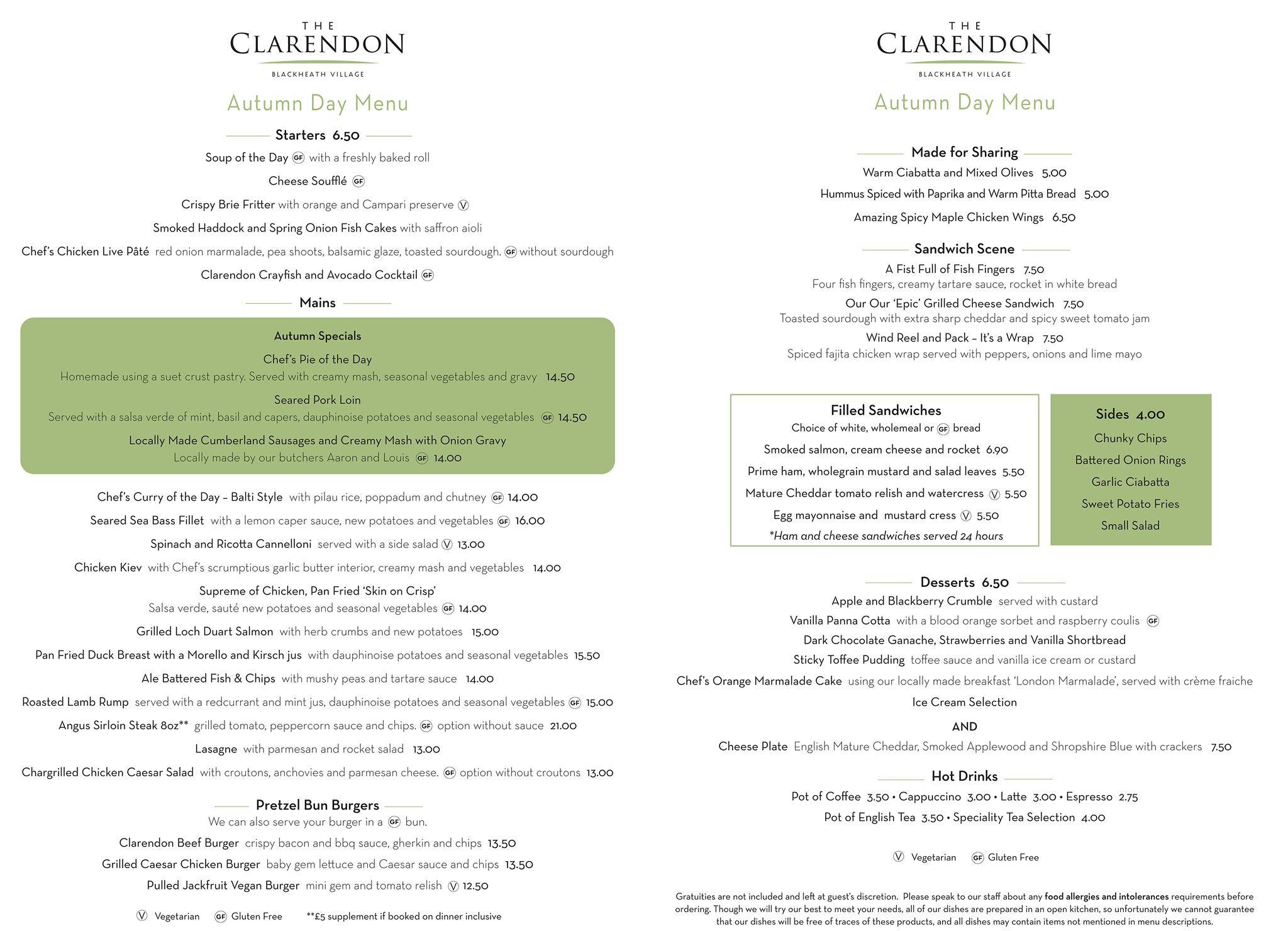 The Clarendon Hotel меню