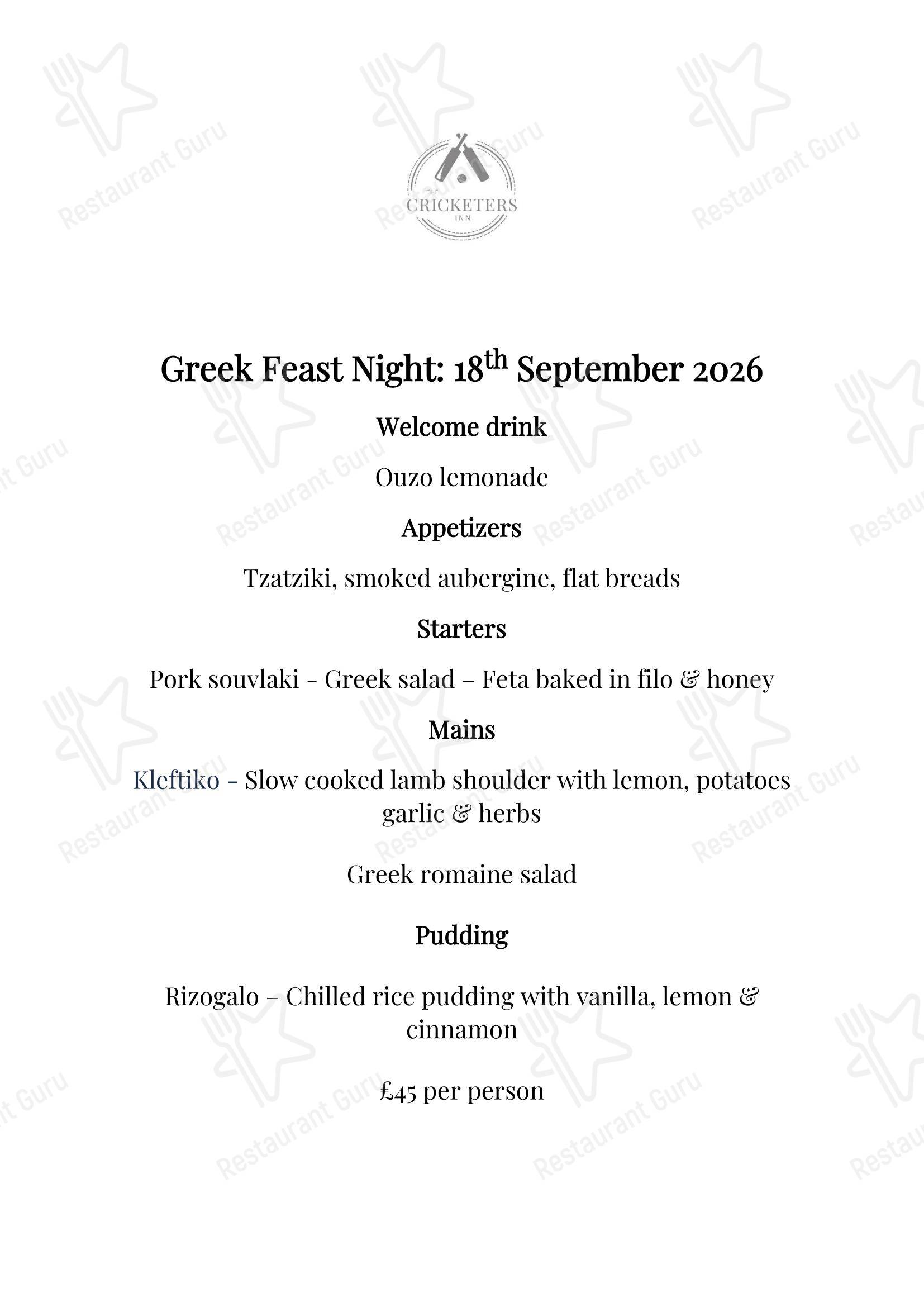 Boronia Catering Menu Pack паба и бара The Cricketers Inn
