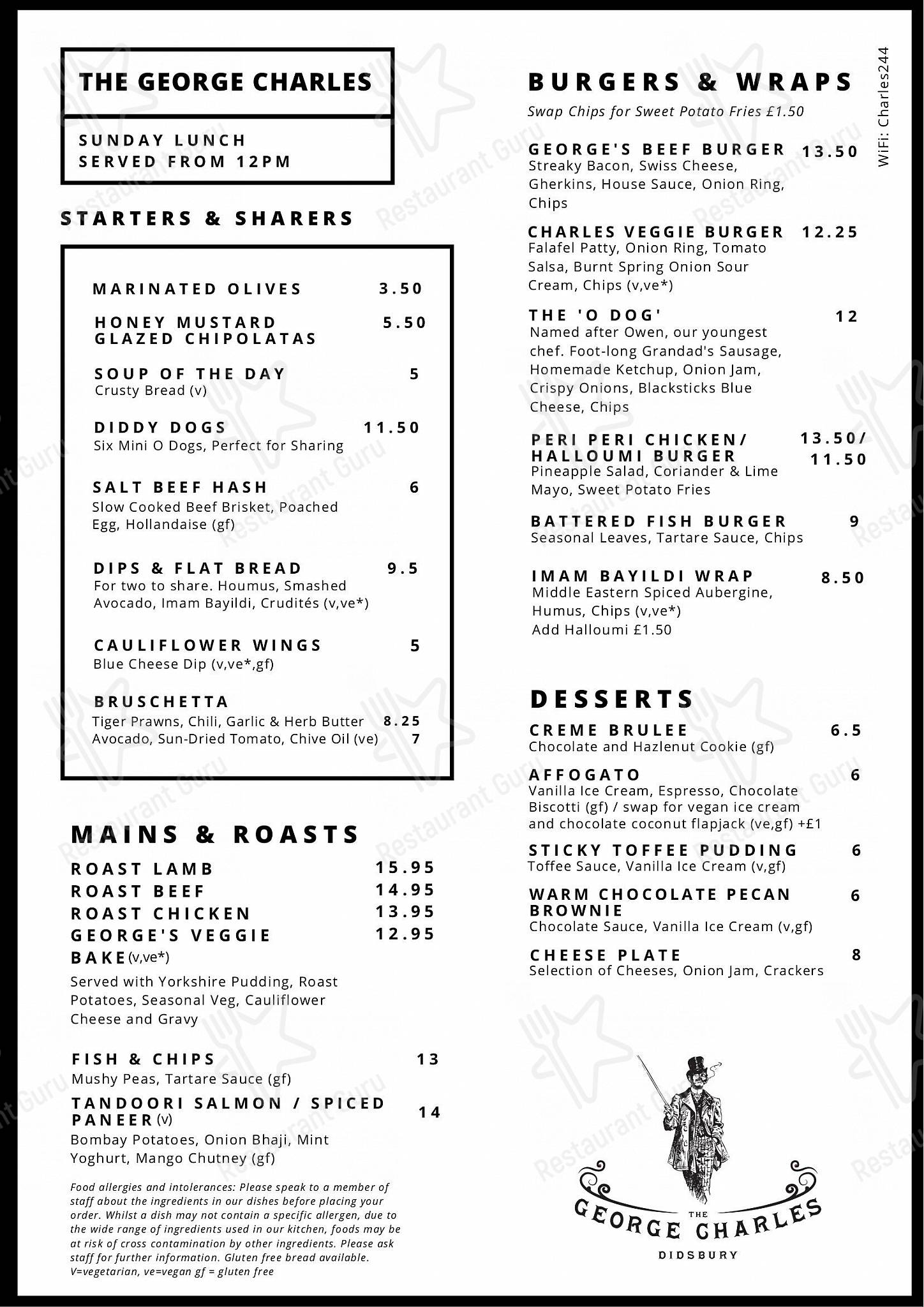Menu Dinner паба и бара The George Charles