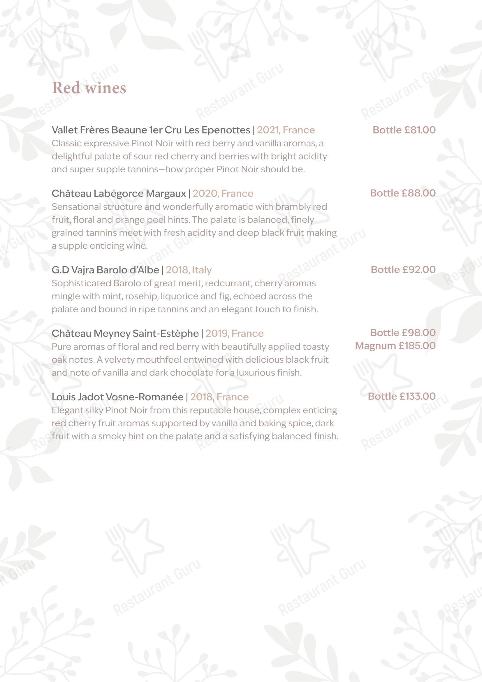 The Peacock at Rowsley в Матлоке - Table Menu
