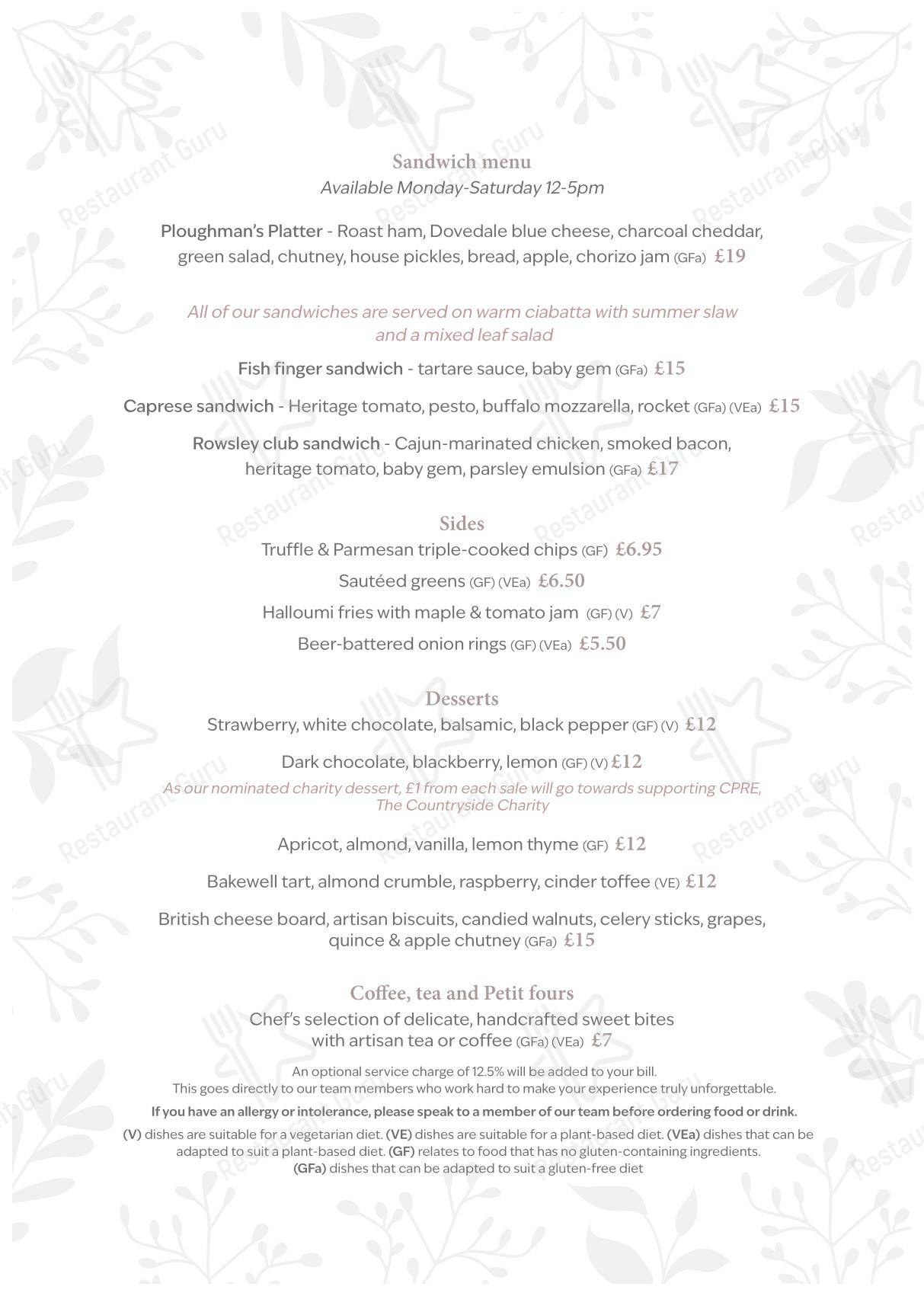 Lunch Menu паба и бара The Peacock at Rowsley в Матлоке