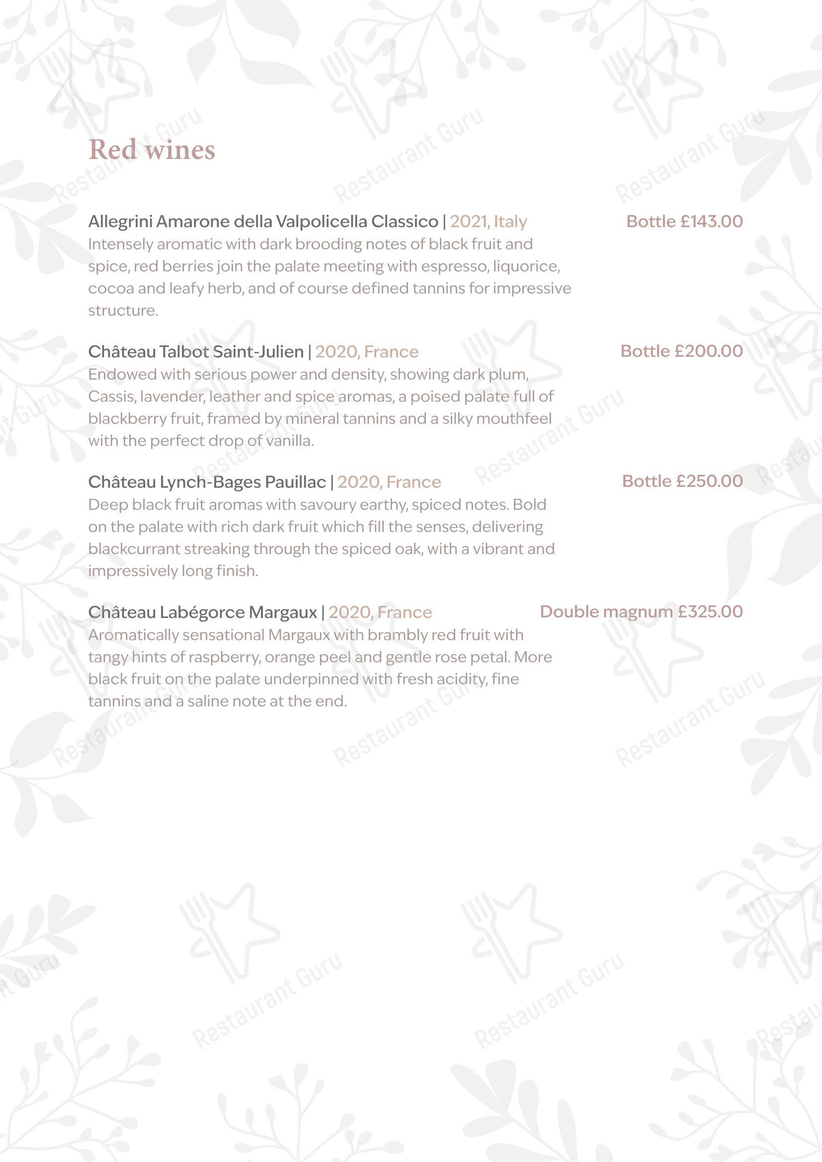 The Peacock at Rowsley в Матлоке - Table Menu