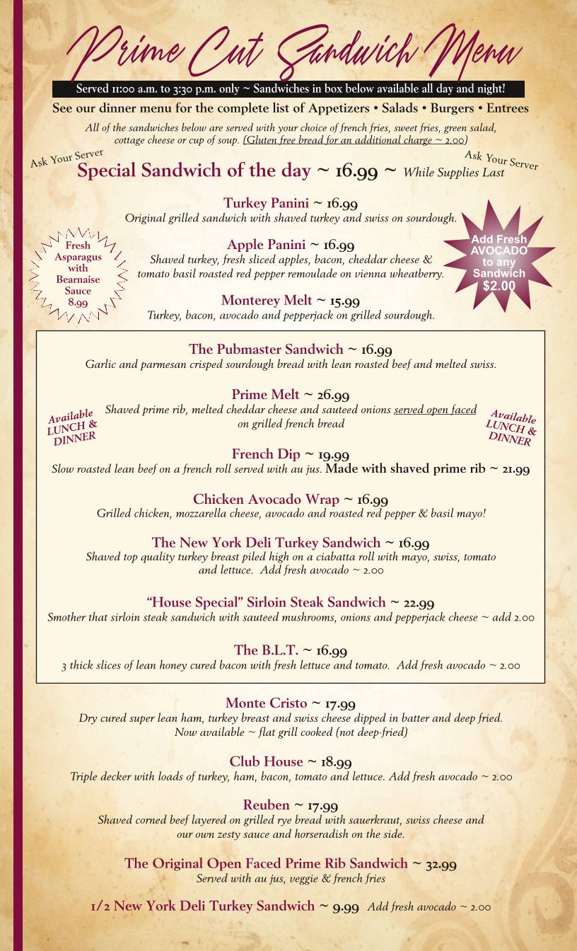 The Prime Rib Restaurant & Wine Cellar меню