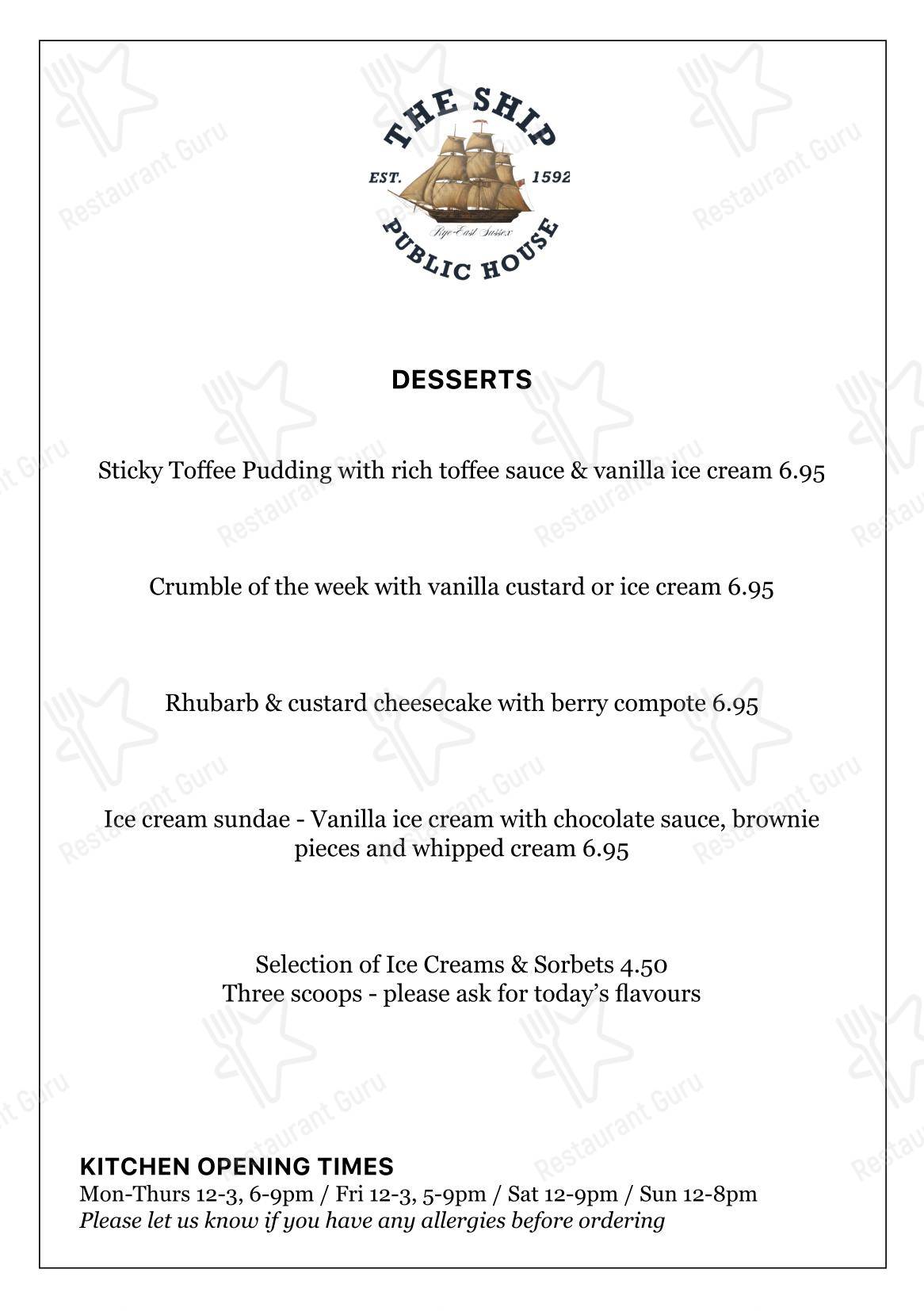 Dinner Menu ресторана The Ship Inn