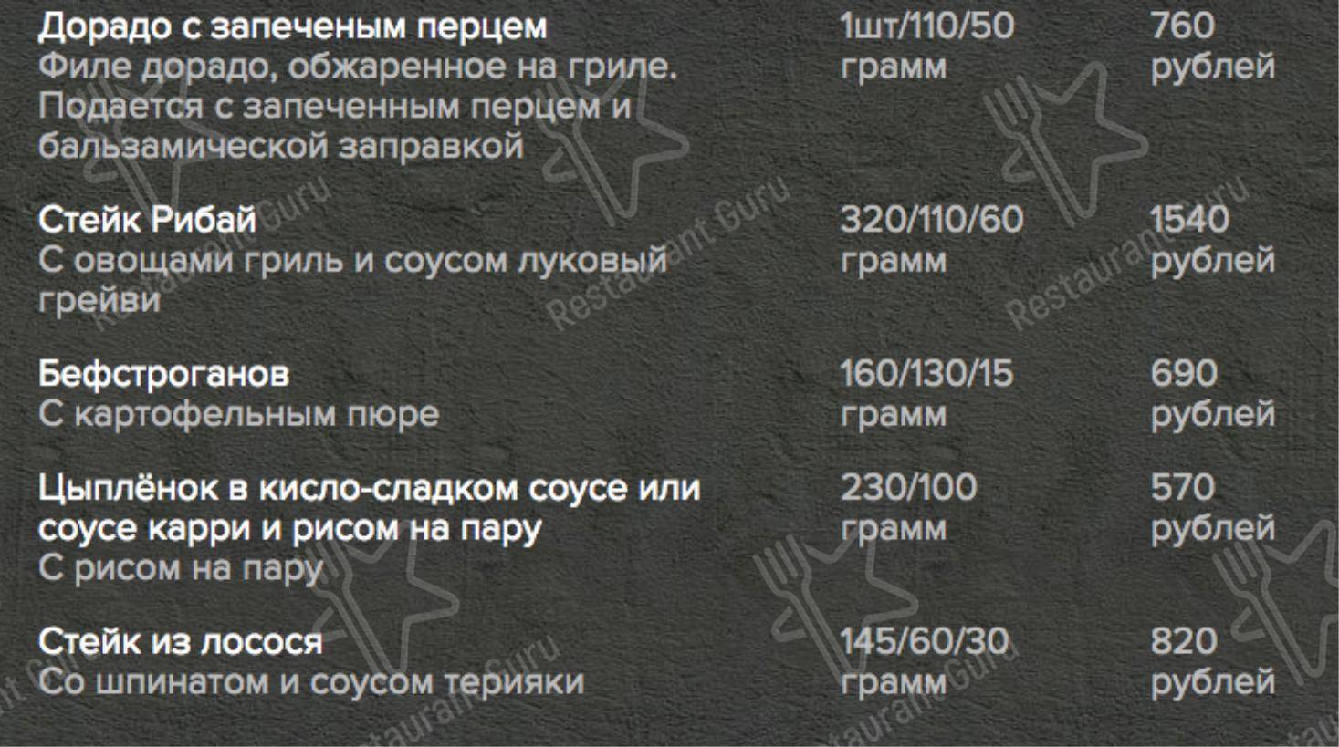 Меню The Standard Bar - еда и напитки